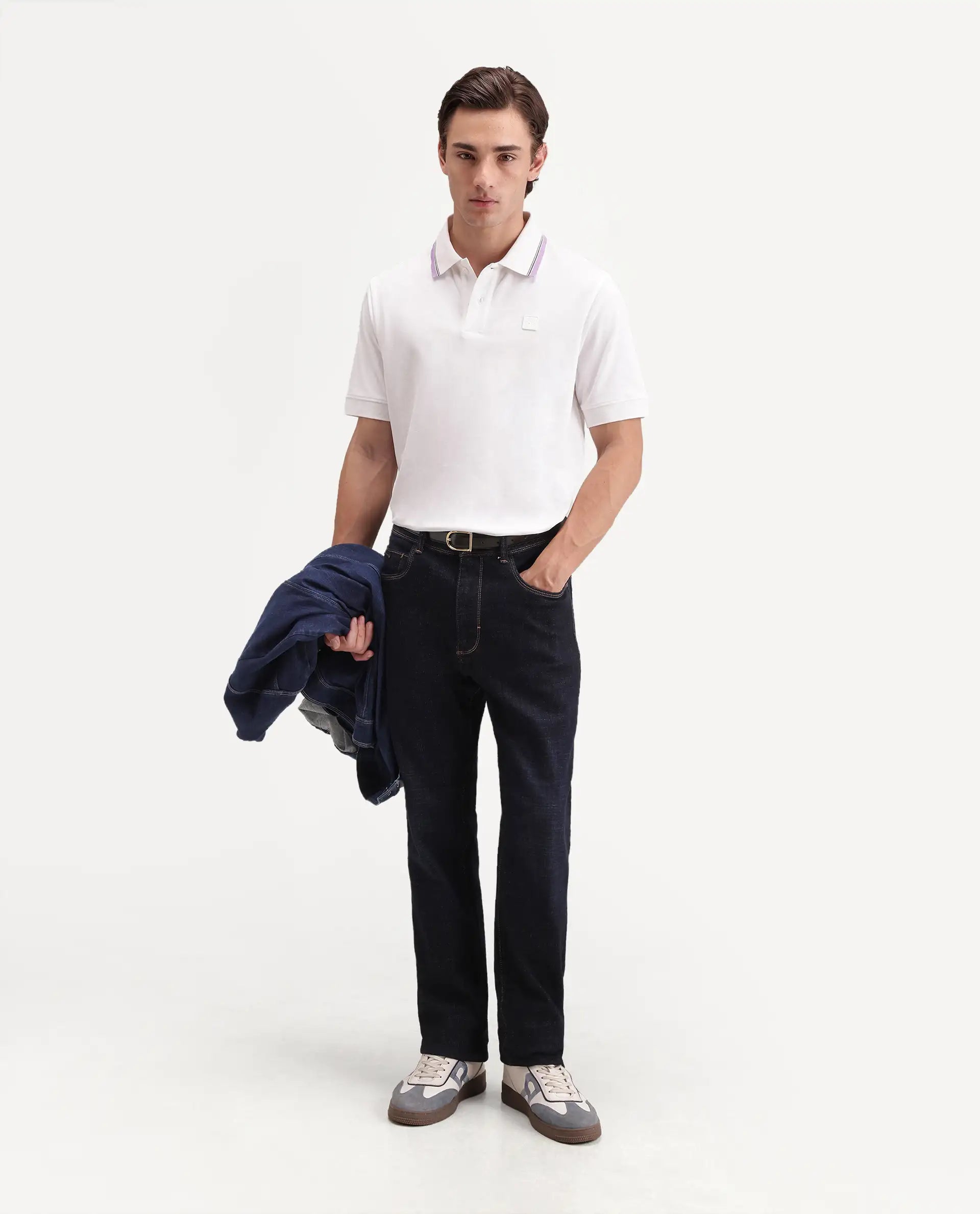 Rare Rabbit Men's Orion White Cotton Blend Spread Collar Regular Plain Polo