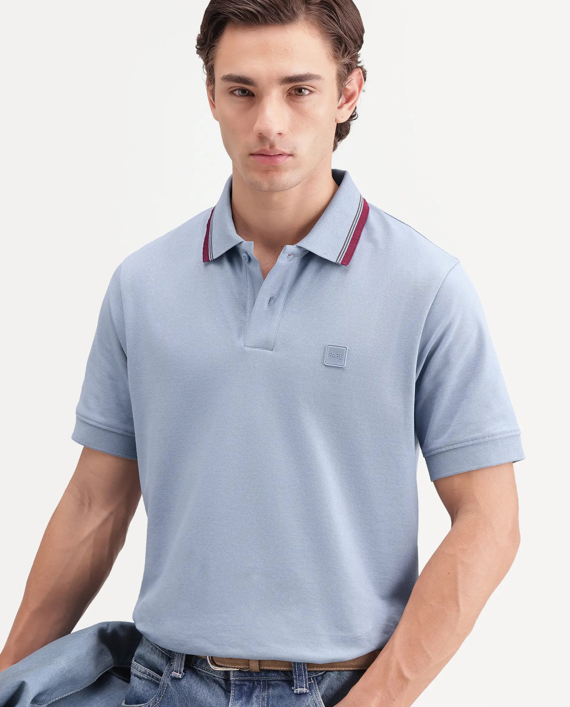 Rare Rabbit Men's Orion Dusky Blue Cotton Blend Spread Collar Regular Plain Polo