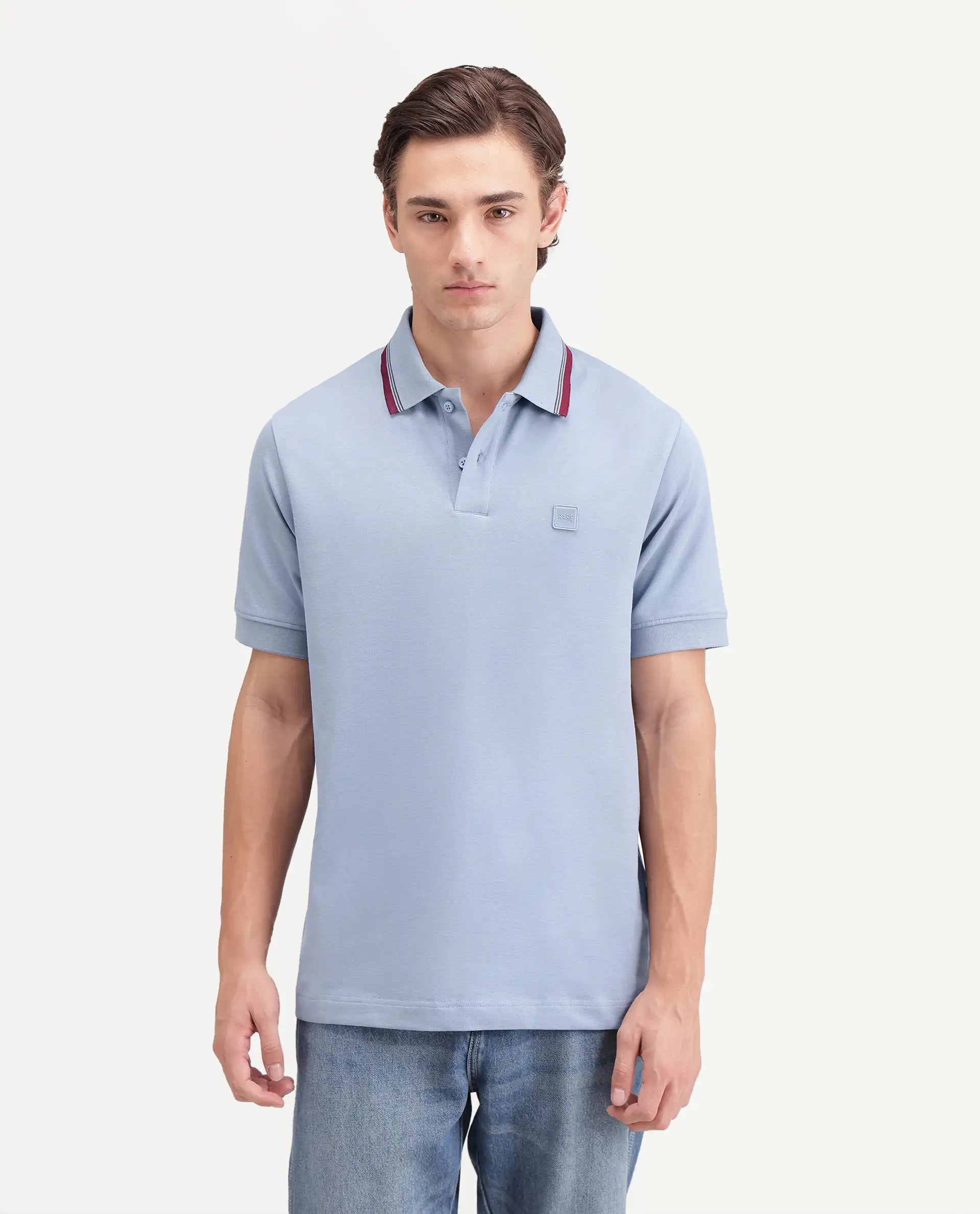 Rare Rabbit Men's Orion Dusky Blue Cotton Blend Spread Collar Regular Plain Polo
