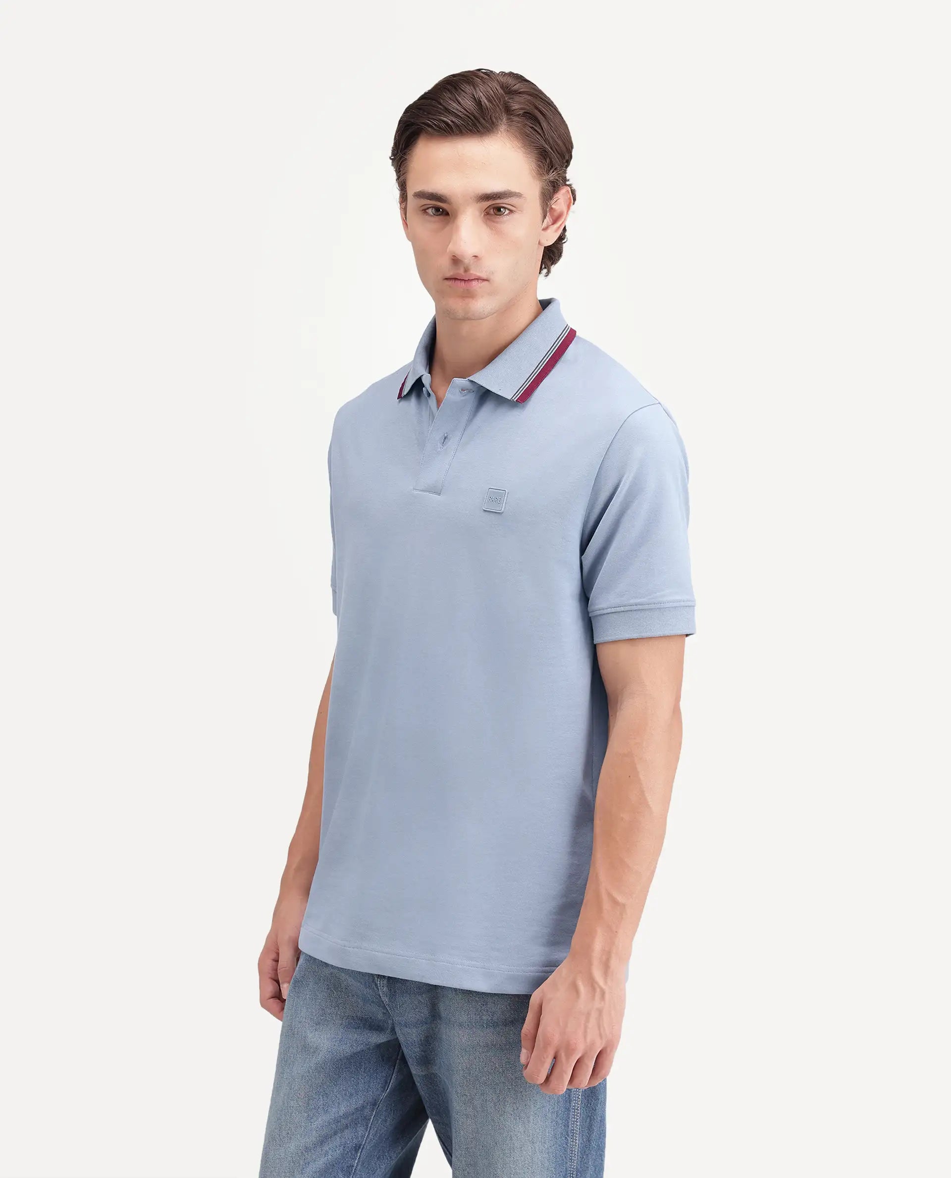 Rare Rabbit Men's Orion Dusky Blue Cotton Blend Spread Collar Regular Plain Polo