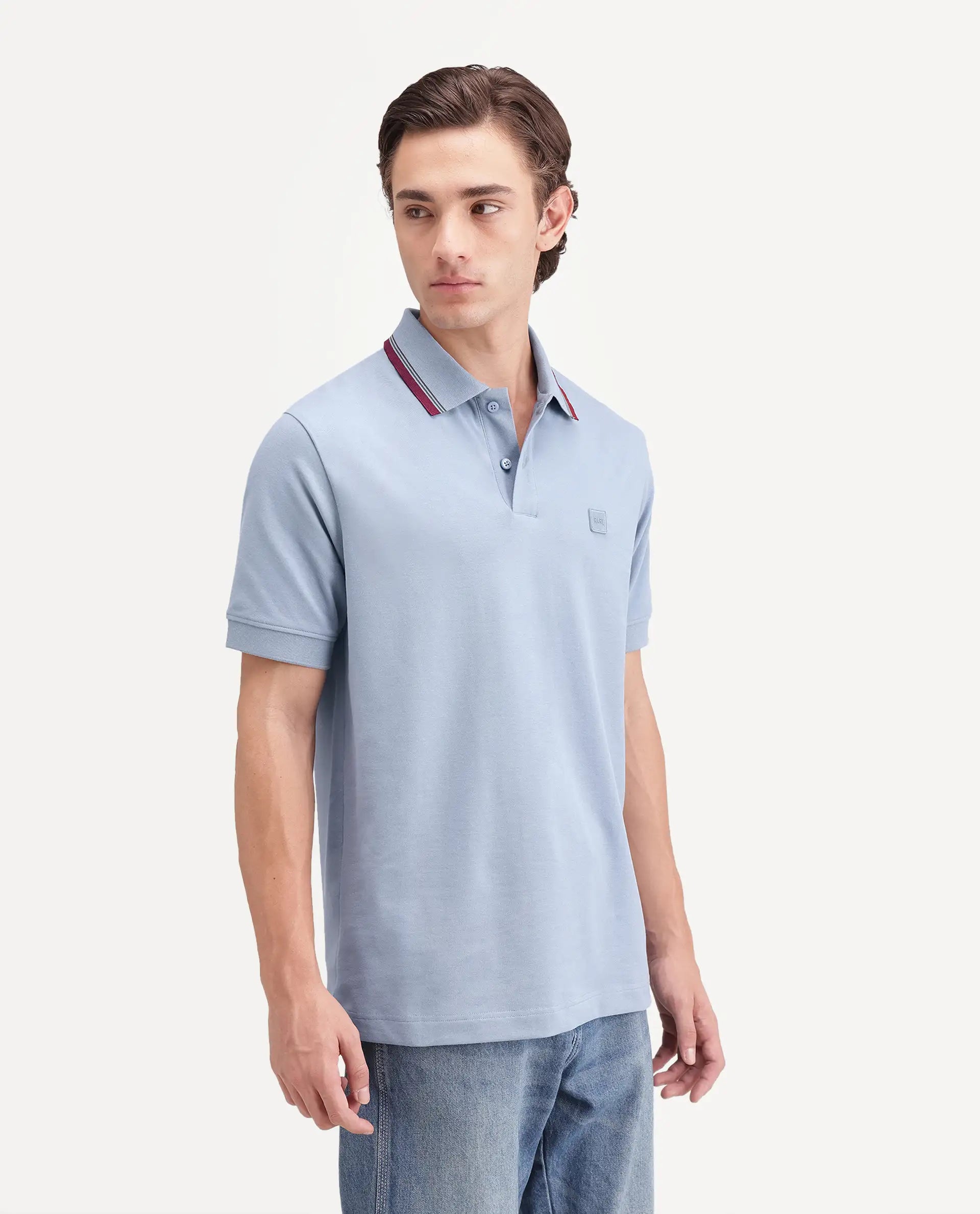 Rare Rabbit Men's Orion Dusky Blue Cotton Blend Spread Collar Regular Plain Polo