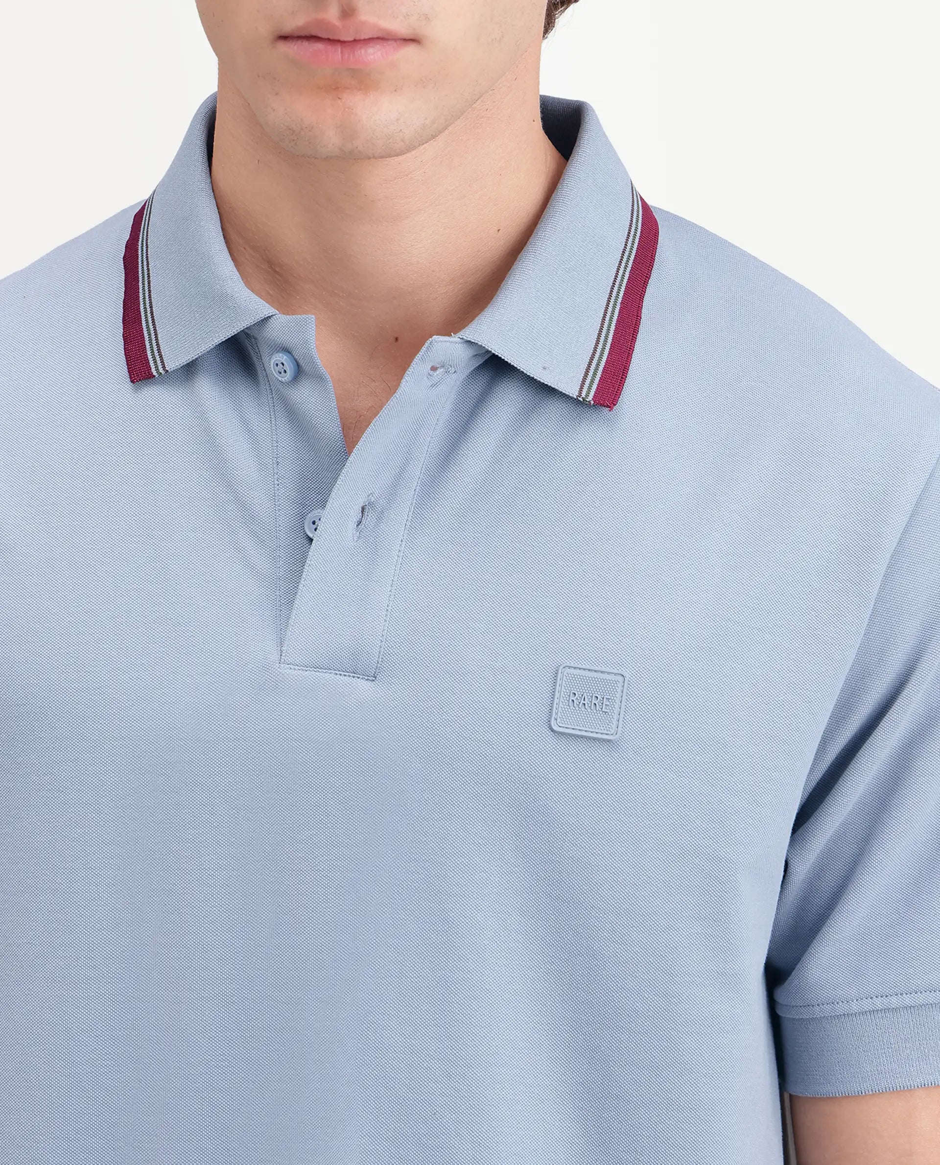 Rare Rabbit Men's Orion Dusky Blue Cotton Blend Spread Collar Regular Plain Polo