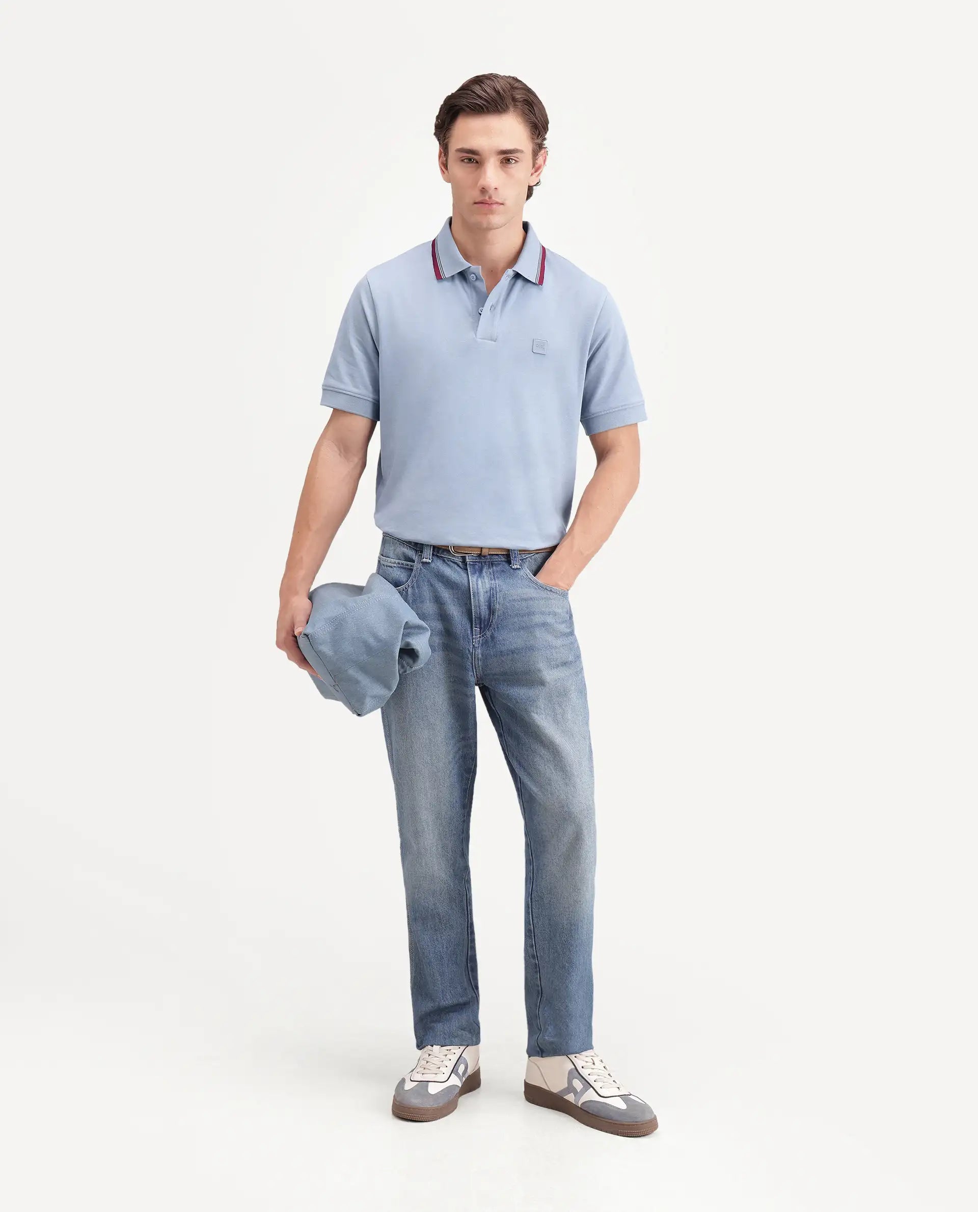 Rare Rabbit Men's Orion Dusky Blue Cotton Blend Spread Collar Regular Plain Polo