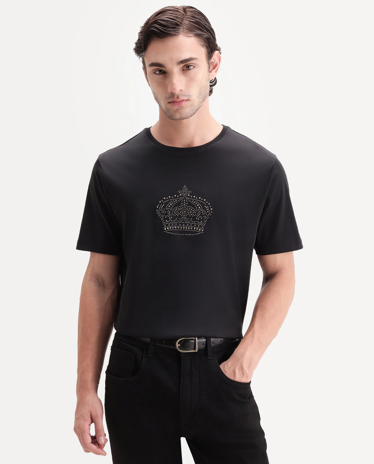Rare Rabbit Men's Lazer Black Cotton Crew Neck Regular Graphic Print T-Shirt