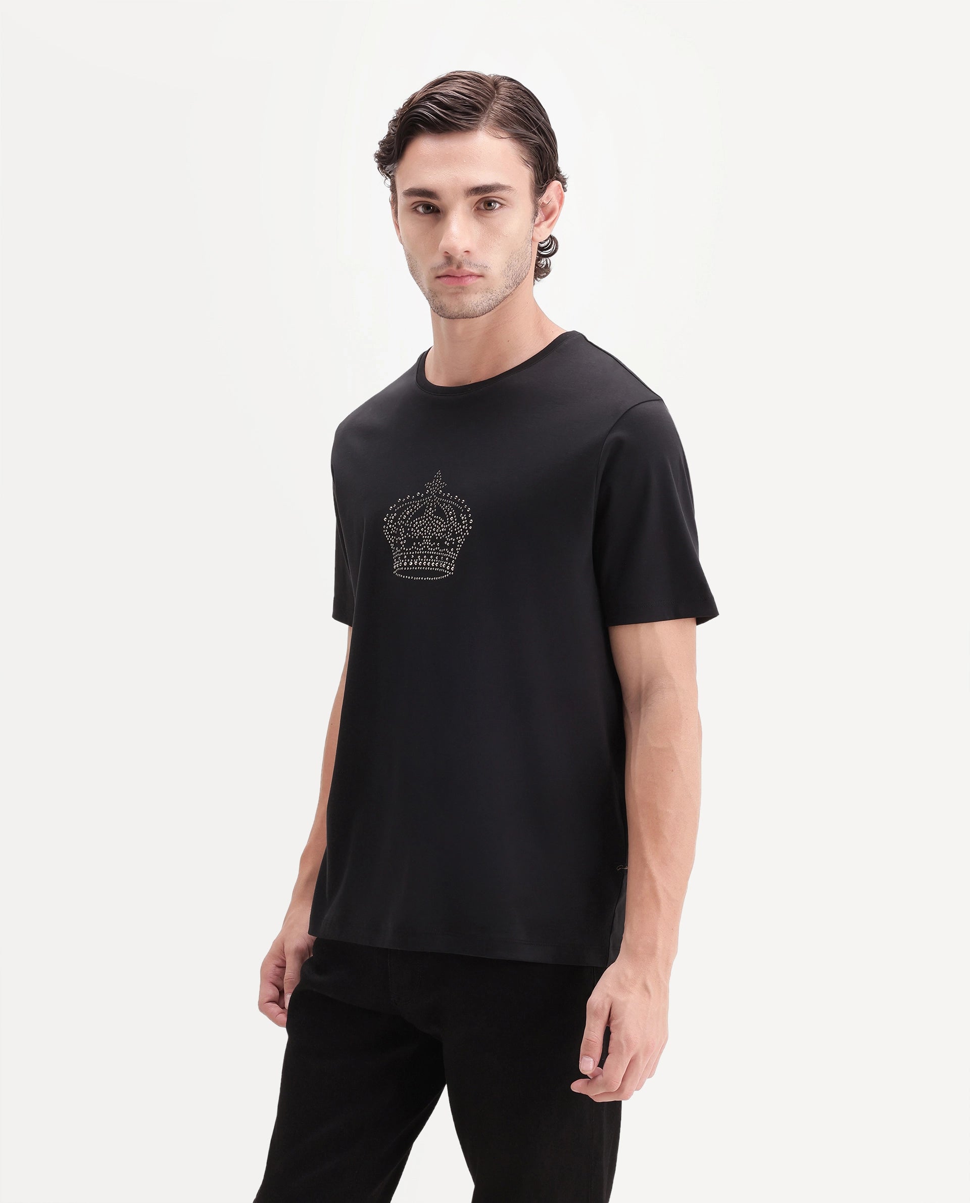 Rare Rabbit Men's Lazer Black Cotton Crew Neck Regular Graphic Print T-Shirt