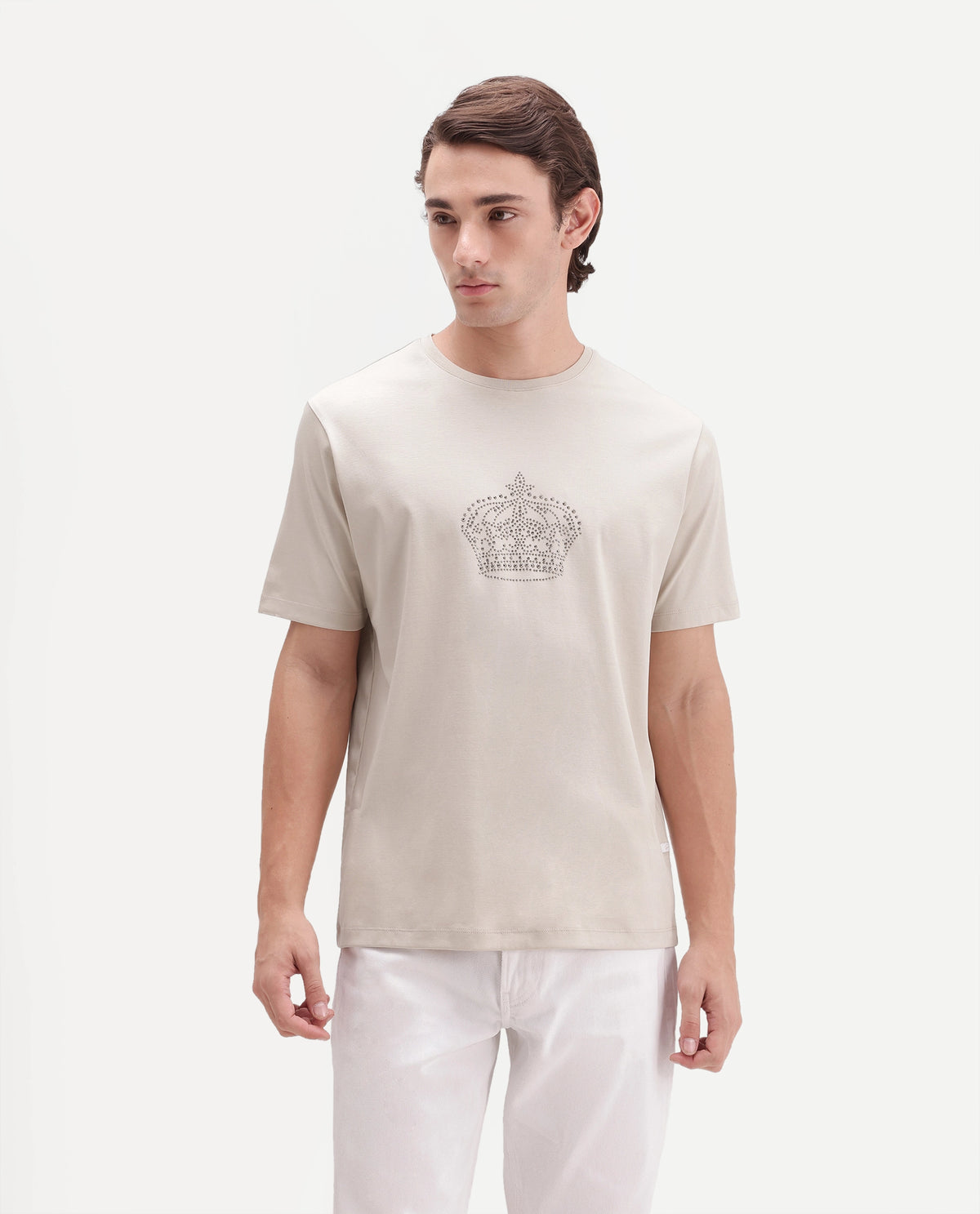Rare Rabbit Men's Lazer Light Beige Cotton Crew Neck Regular Graphic Print T-Shirt