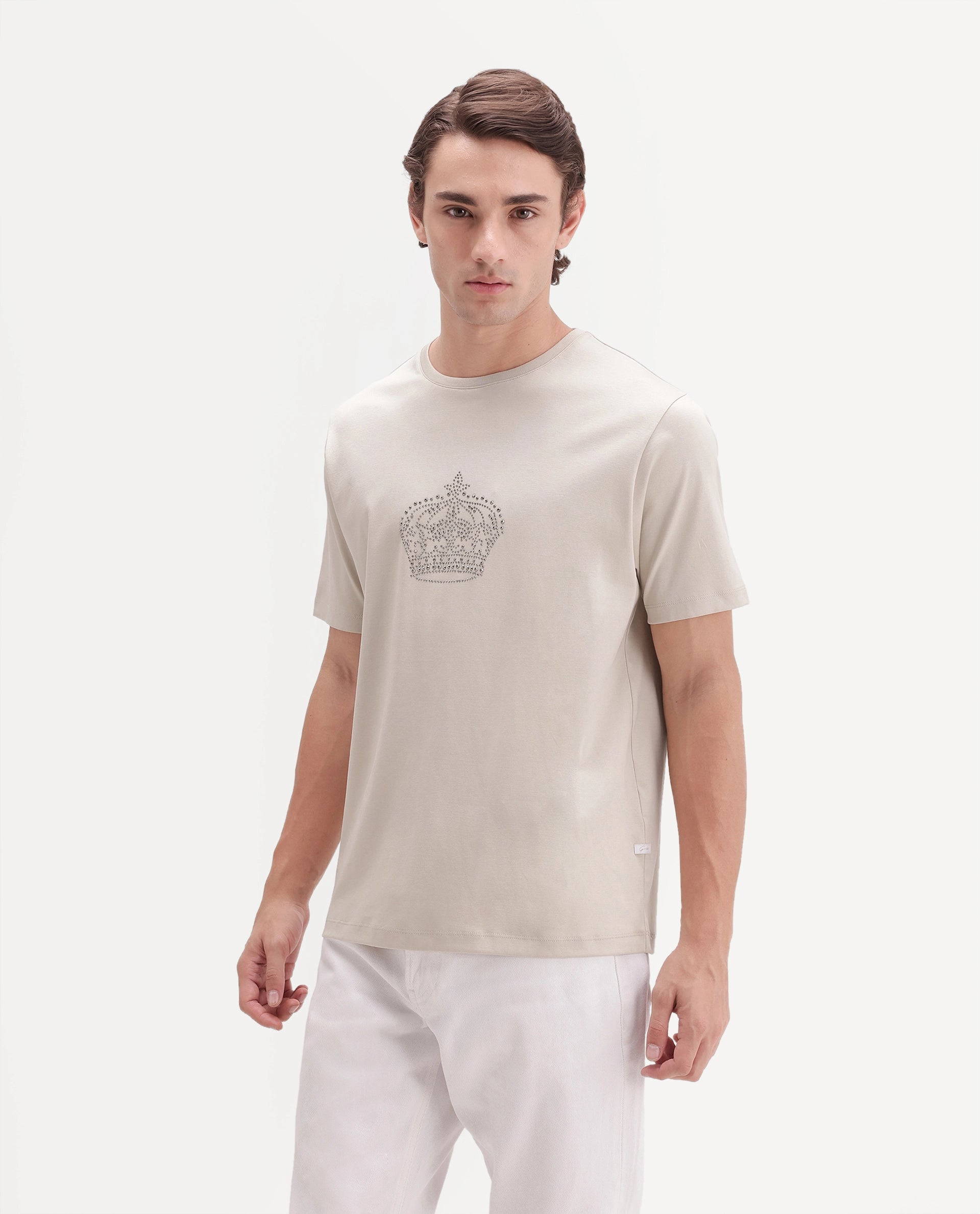 Rare Rabbit Men's Lazer Light Beige Cotton Crew Neck Regular Graphic Print T-Shirt