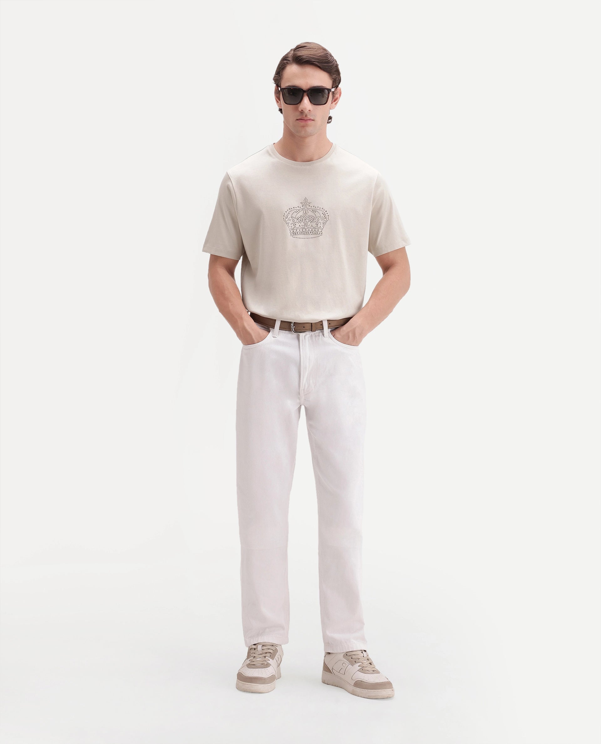 Rare Rabbit Men's Lazer Light Beige Cotton Crew Neck Regular Graphic Print T-Shirt