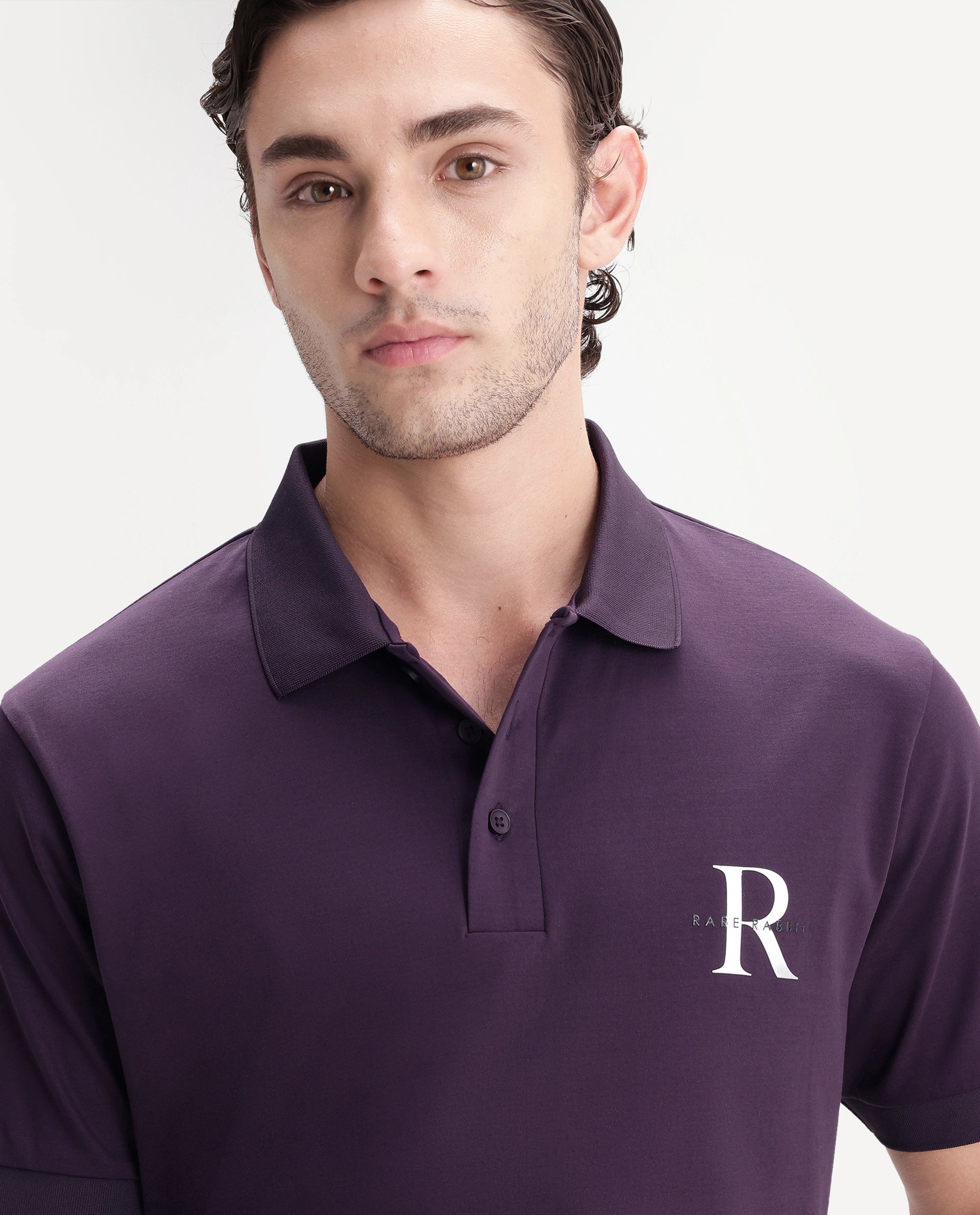 Rare Rabbit Men's Raffi Dark Purple Cotton Spread Collar Regular Plain Polo