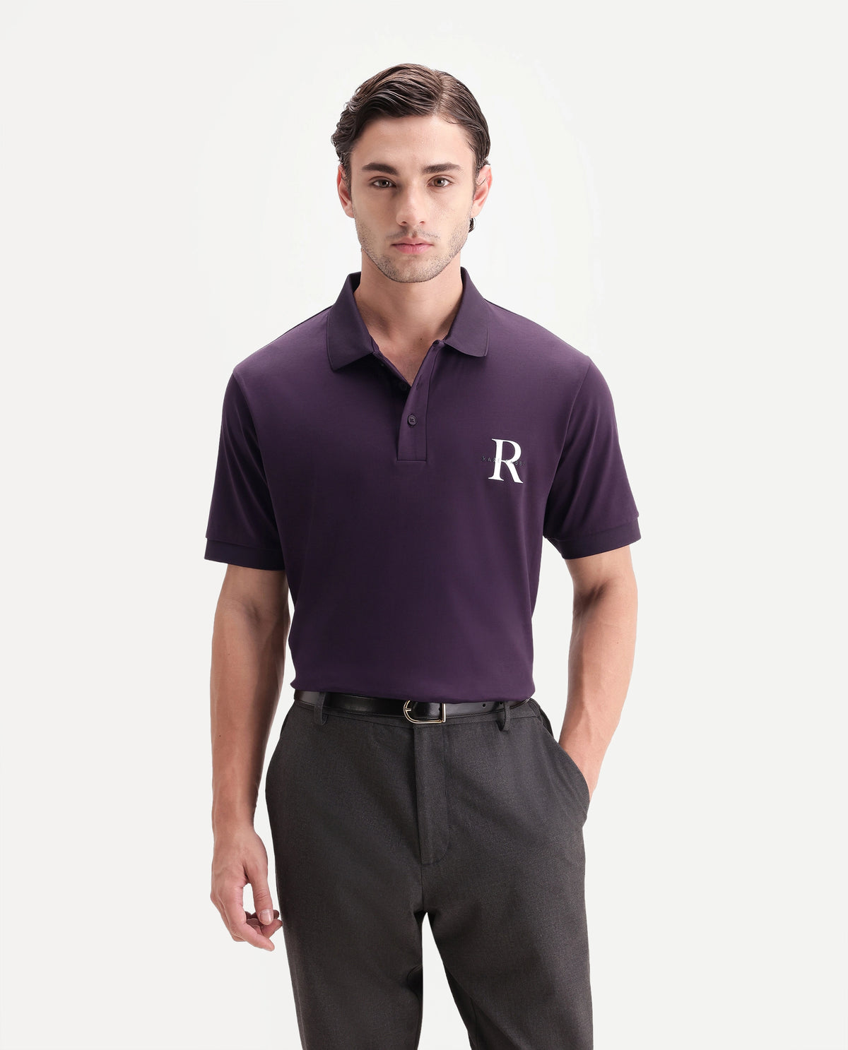 Rare Rabbit Men's Raffi Dark Purple Cotton Spread Collar Regular Plain Polo