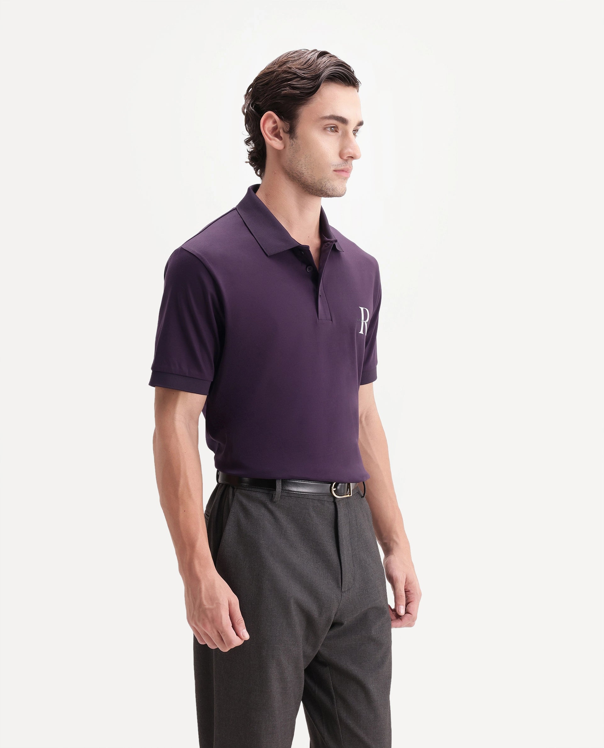 Rare Rabbit Men's Raffi Dark Purple Cotton Spread Collar Regular Plain Polo
