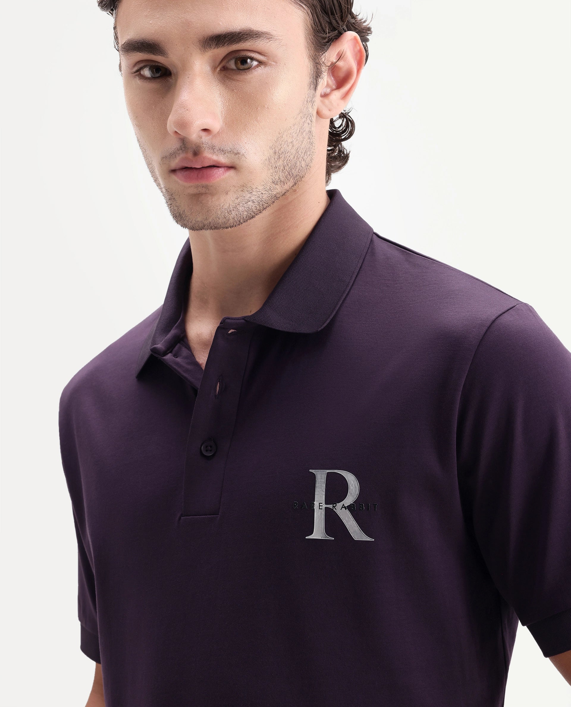 Rare Rabbit Men's Raffi Dark Purple Cotton Spread Collar Regular Plain Polo