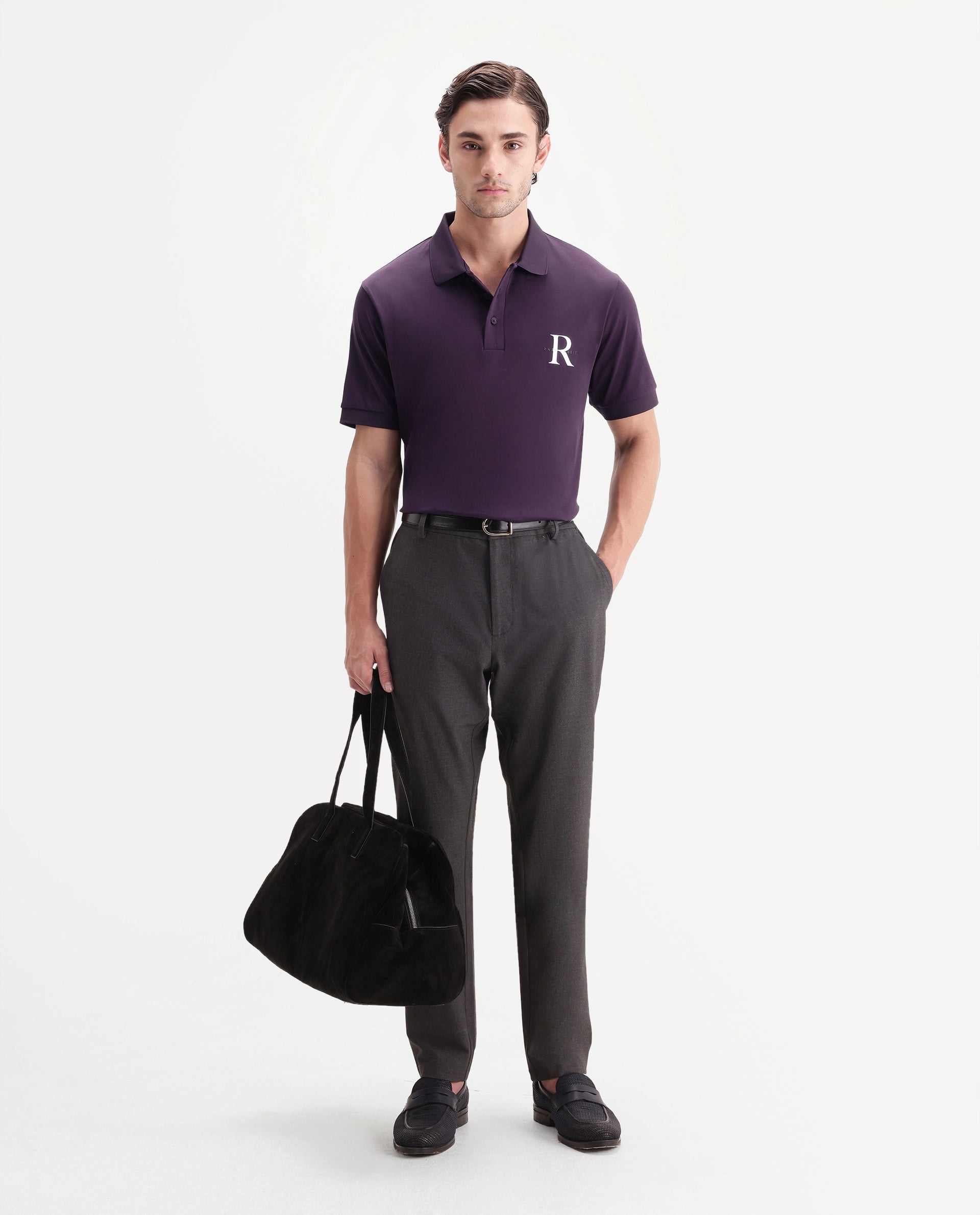 Rare Rabbit Men's Raffi Dark Purple Cotton Spread Collar Regular Plain Polo