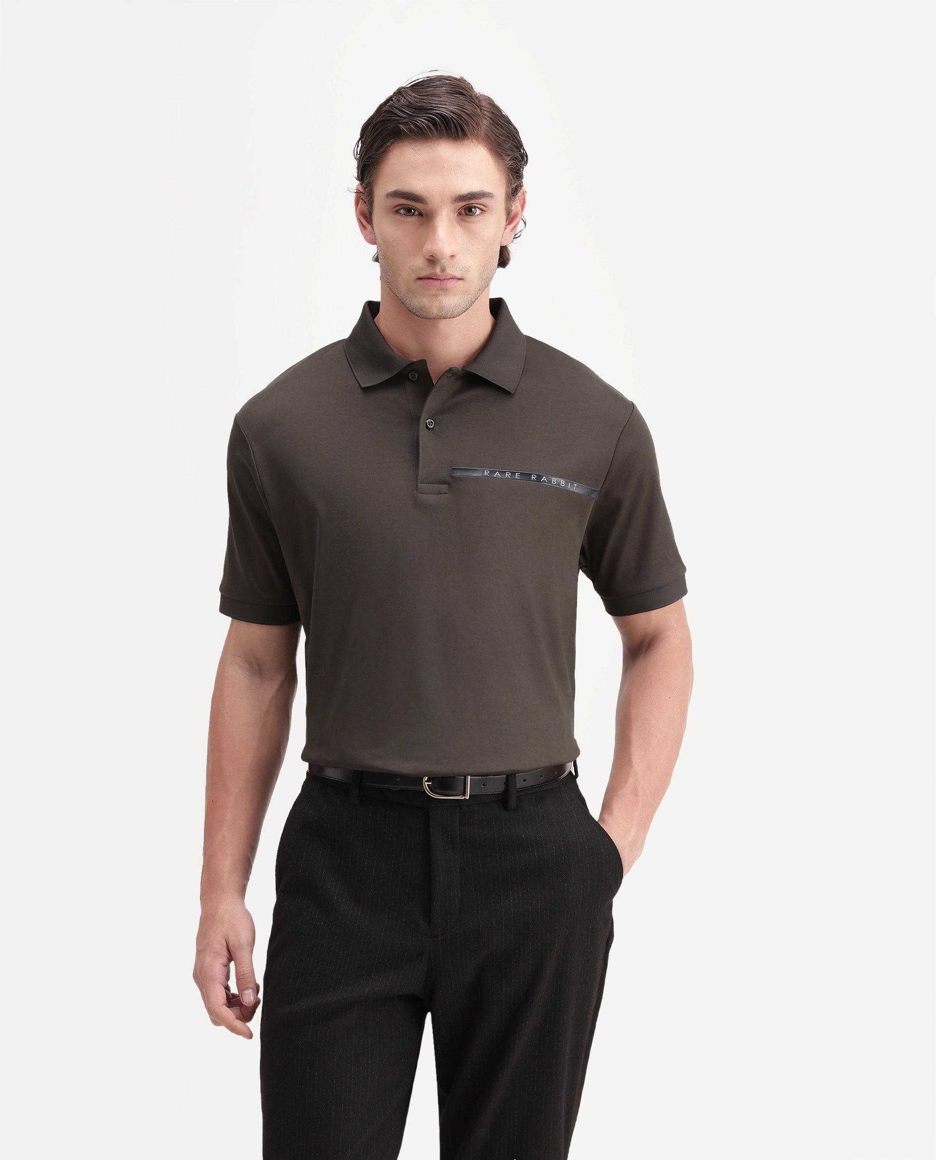 Rare Rabbit Men's Ean Dark Olive Cotton Spread Collar Regular Plain Polo