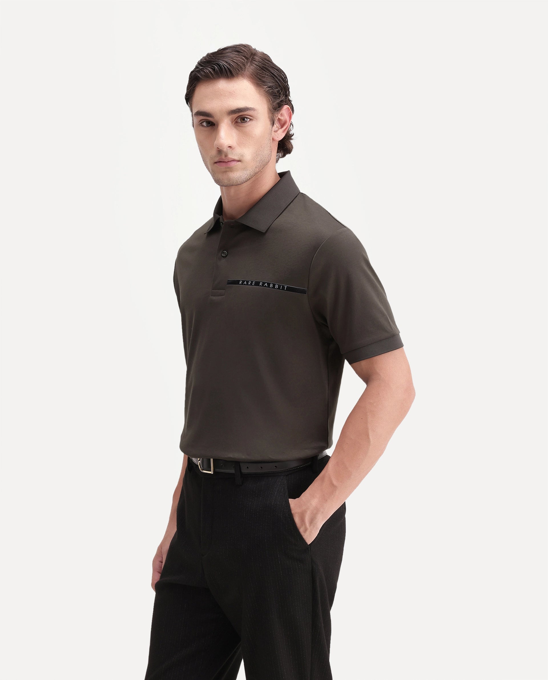 Rare Rabbit Men's Ean Dark Olive Cotton Spread Collar Regular Plain Polo