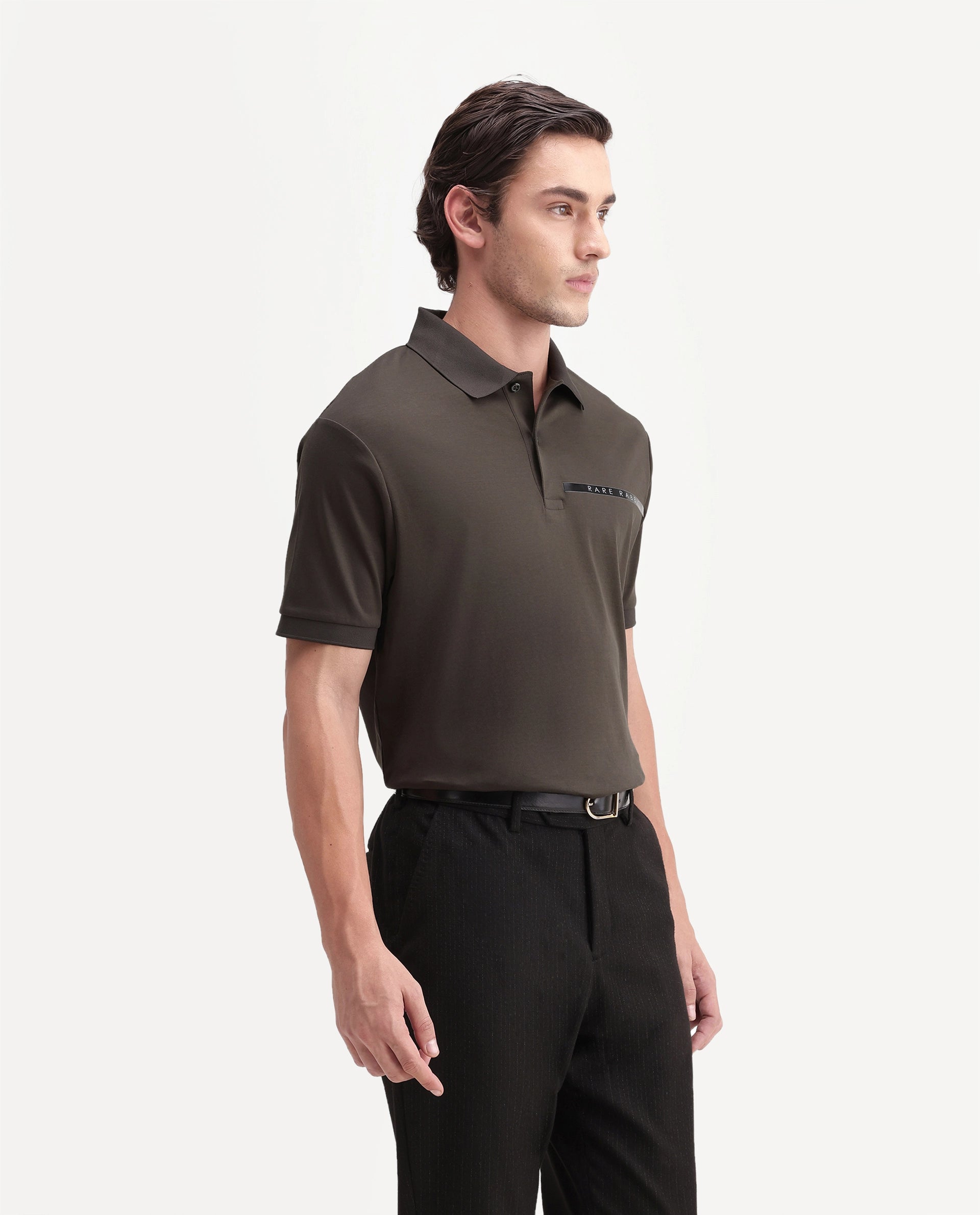 Rare Rabbit Men's Ean Dark Olive Cotton Spread Collar Regular Plain Polo