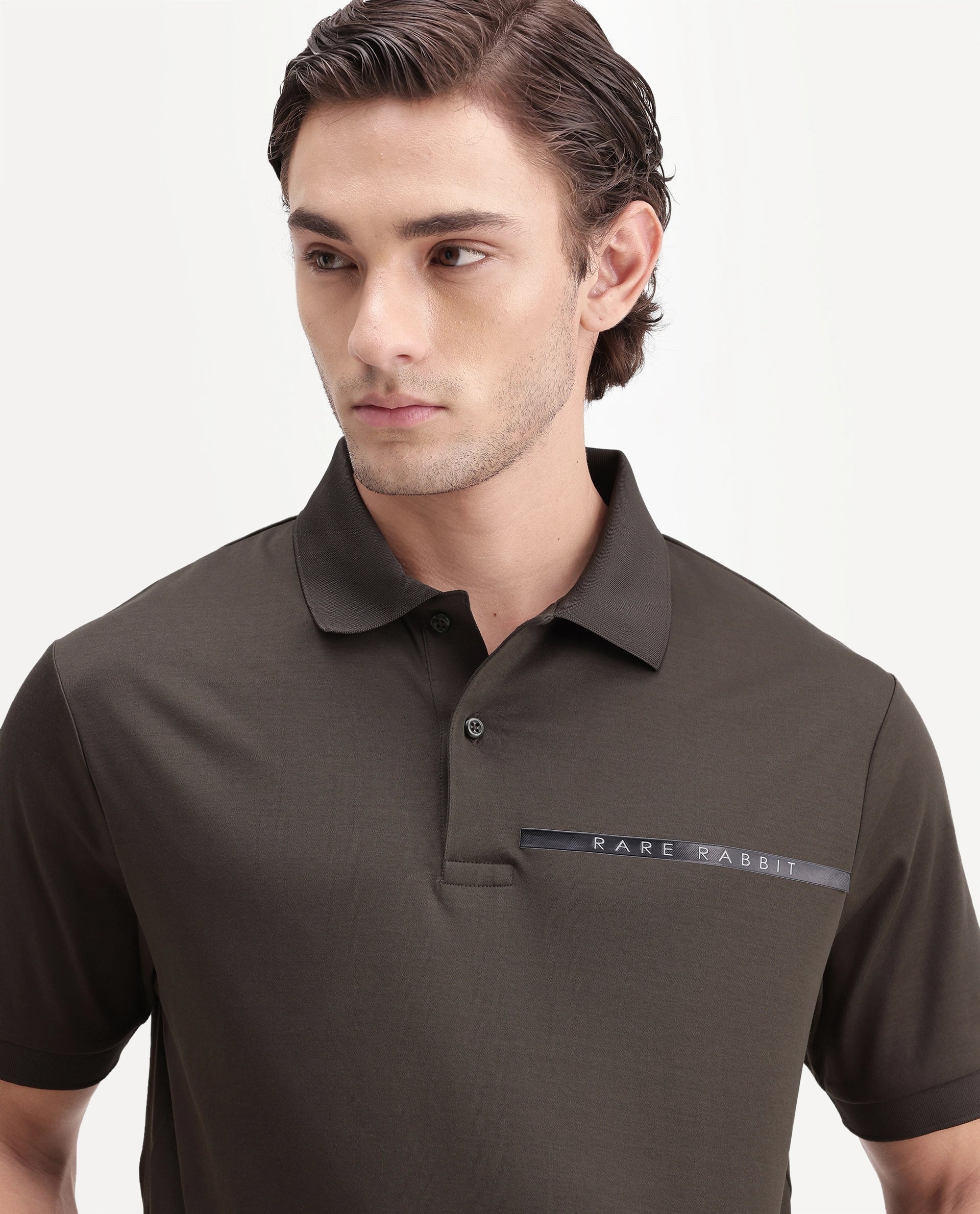 Rare Rabbit Men's Ean Dark Olive Cotton Spread Collar Regular Plain Polo