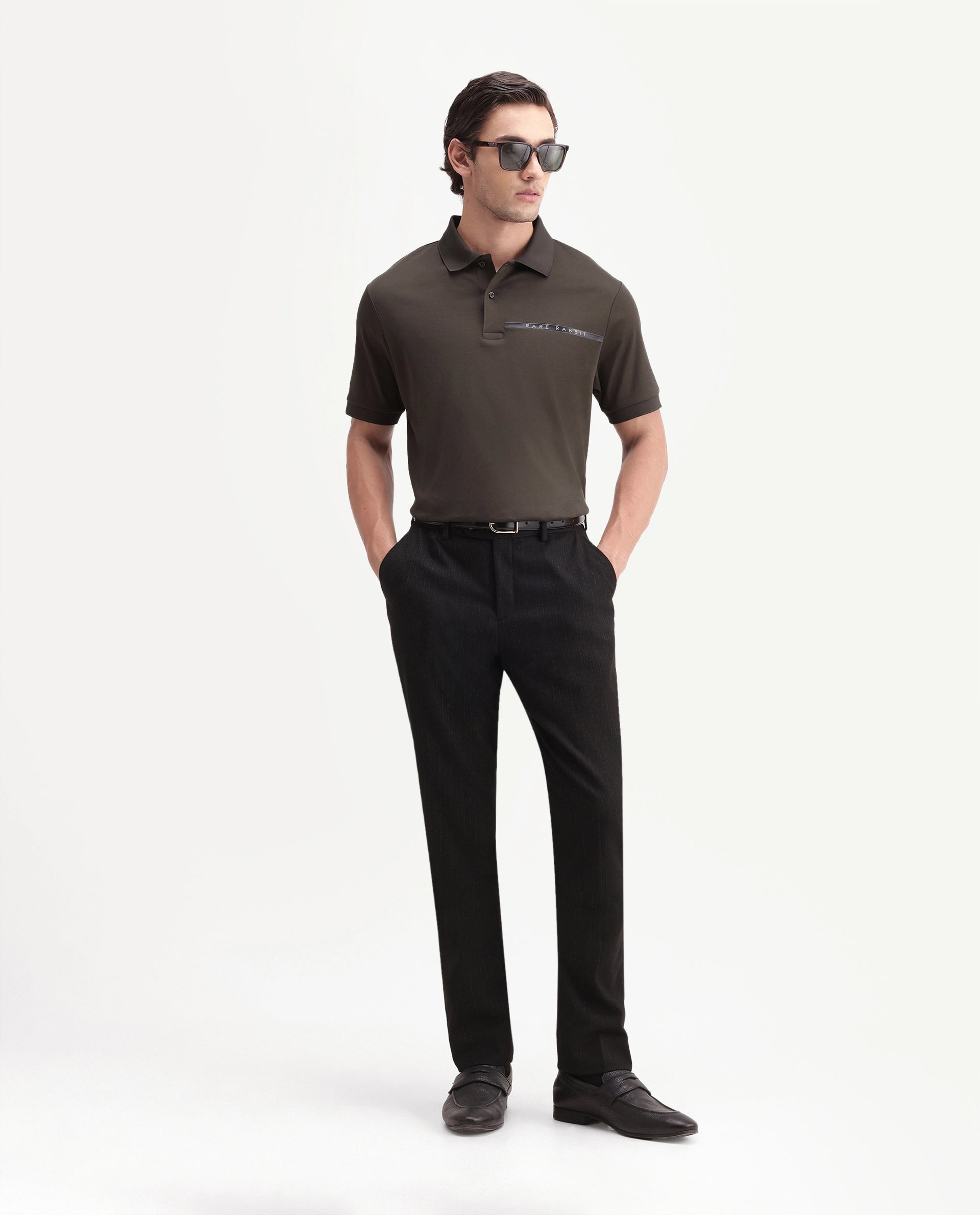 Rare Rabbit Men's Ean Dark Olive Cotton Spread Collar Regular Plain Polo
