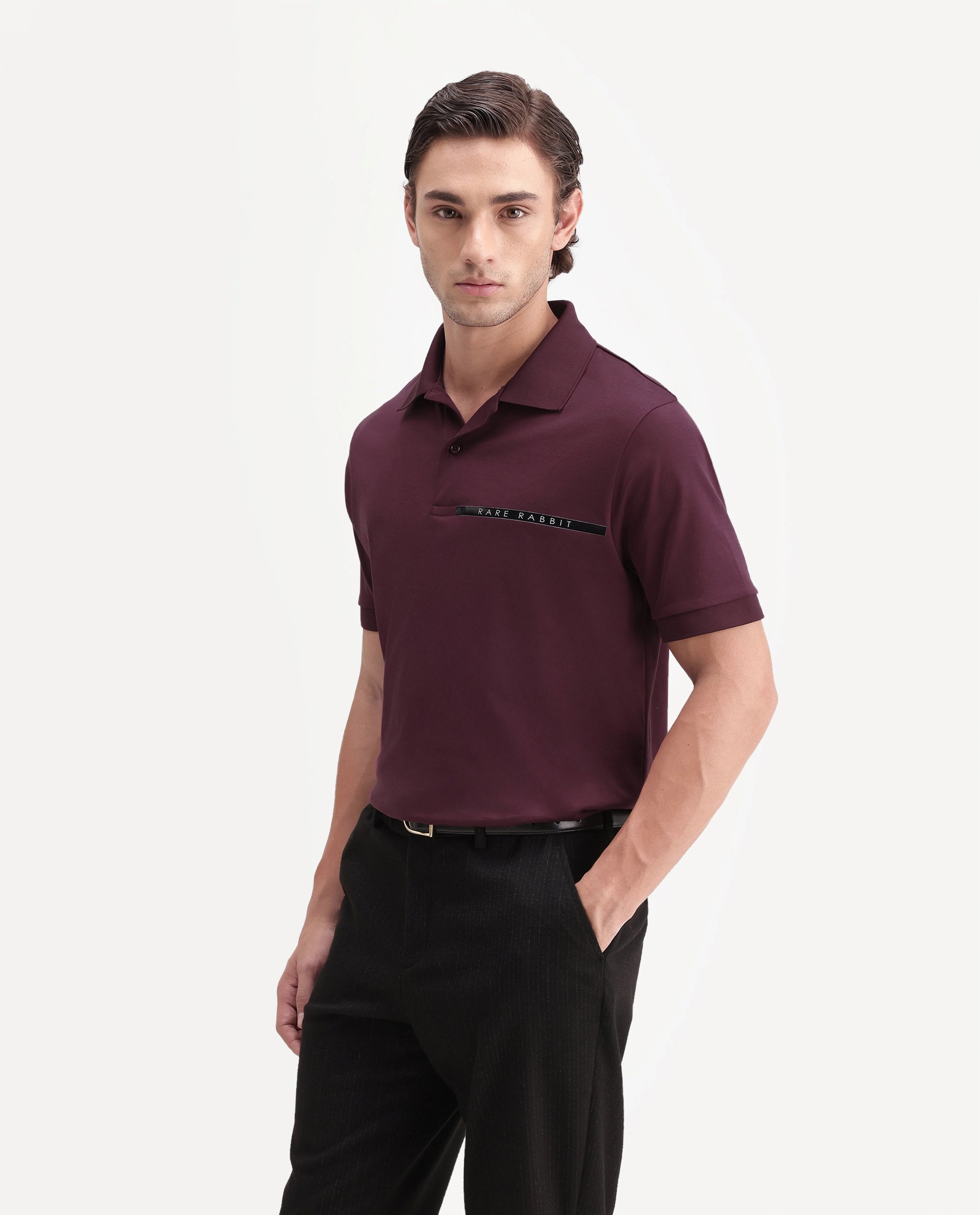 Rare Rabbit Men's Ean Dark Maroon Cotton Spread Collar Regular Plain Polo