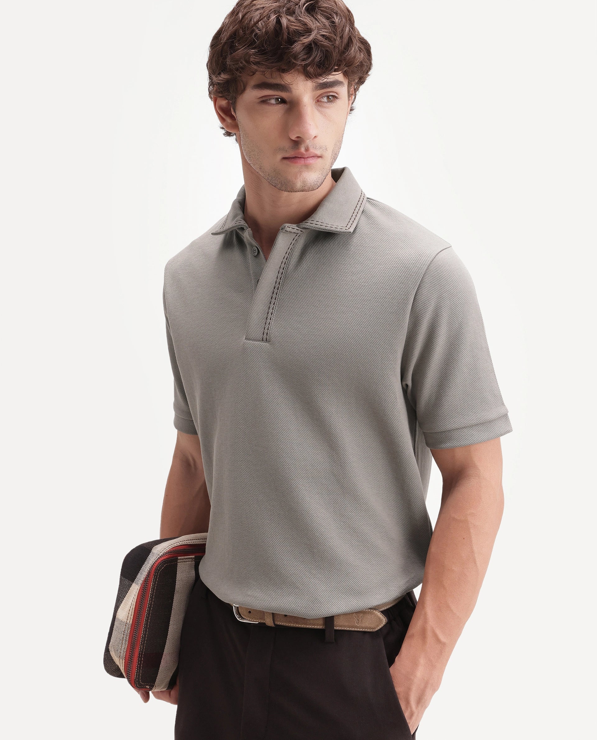 Rare Rabbit Men's Skowl-A26 Dark Olive Cotton Blend Spread Collar Regular Jacquard Polo