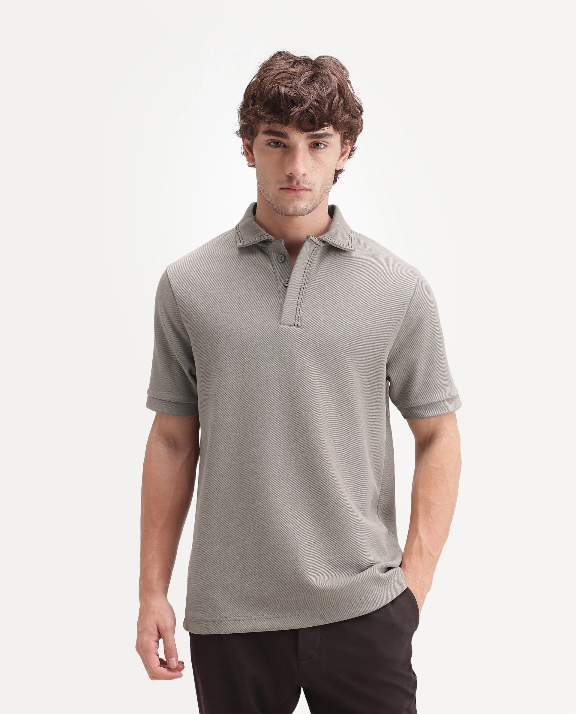 Rare Rabbit Men's Skowl-A26 Dark Olive Cotton Blend Spread Collar Regular Jacquard Polo