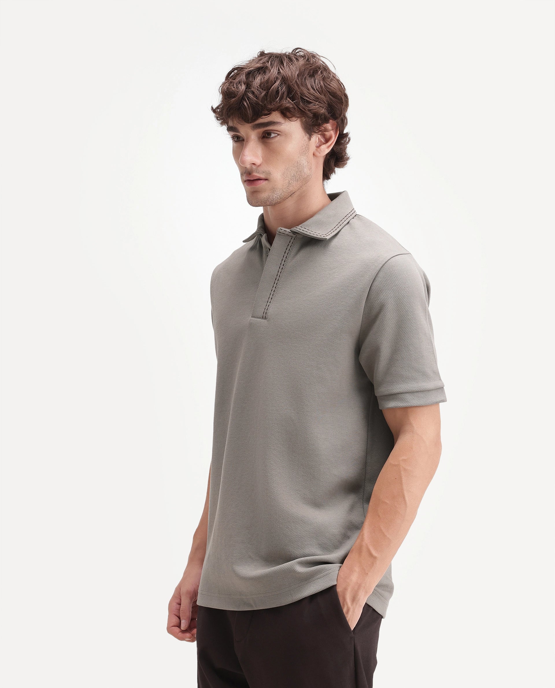 Rare Rabbit Men's Skowl-A26 Dark Olive Cotton Blend Spread Collar Regular Jacquard Polo
