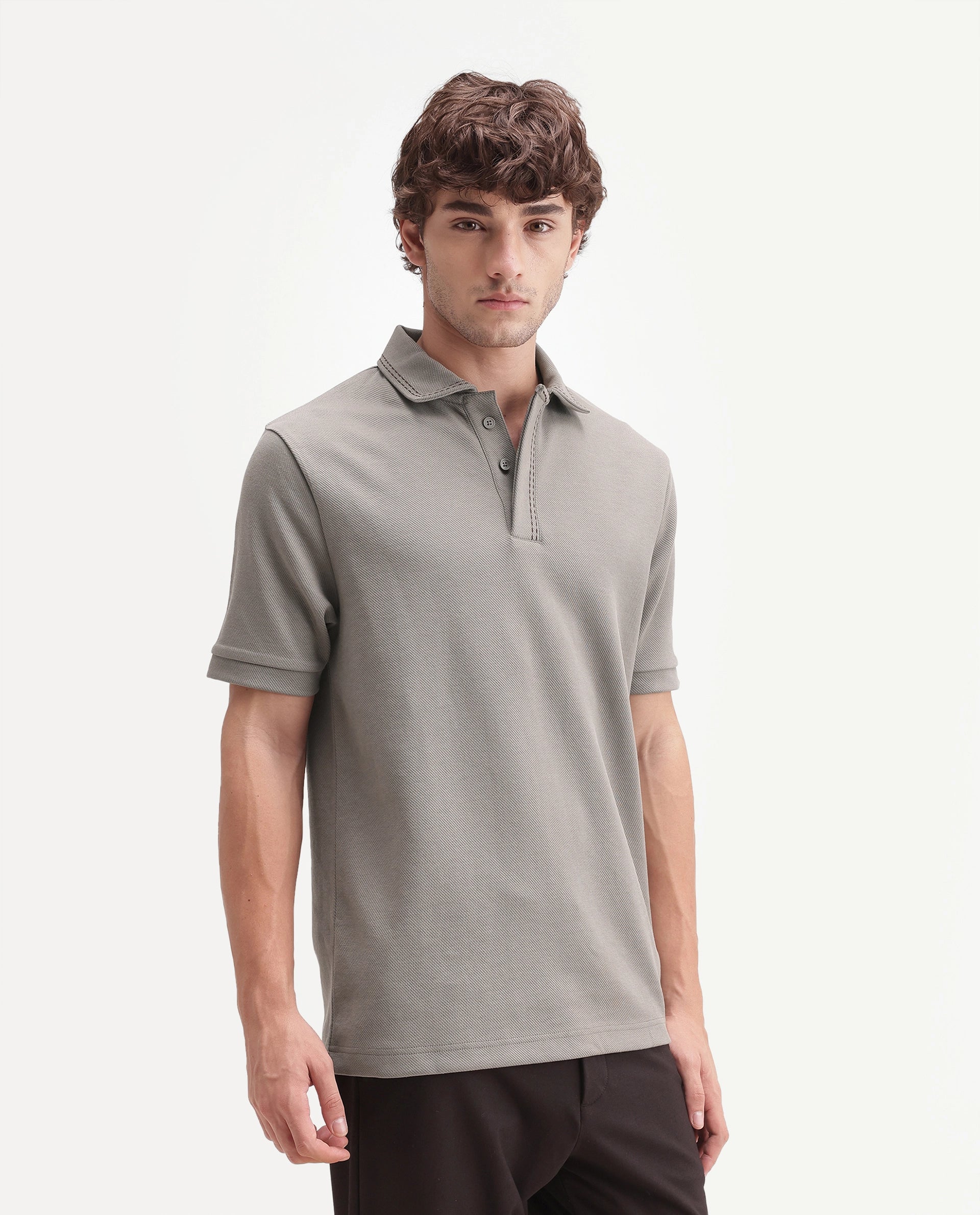 Rare Rabbit Men's Skowl-A26 Dark Olive Cotton Blend Spread Collar Regular Jacquard Polo