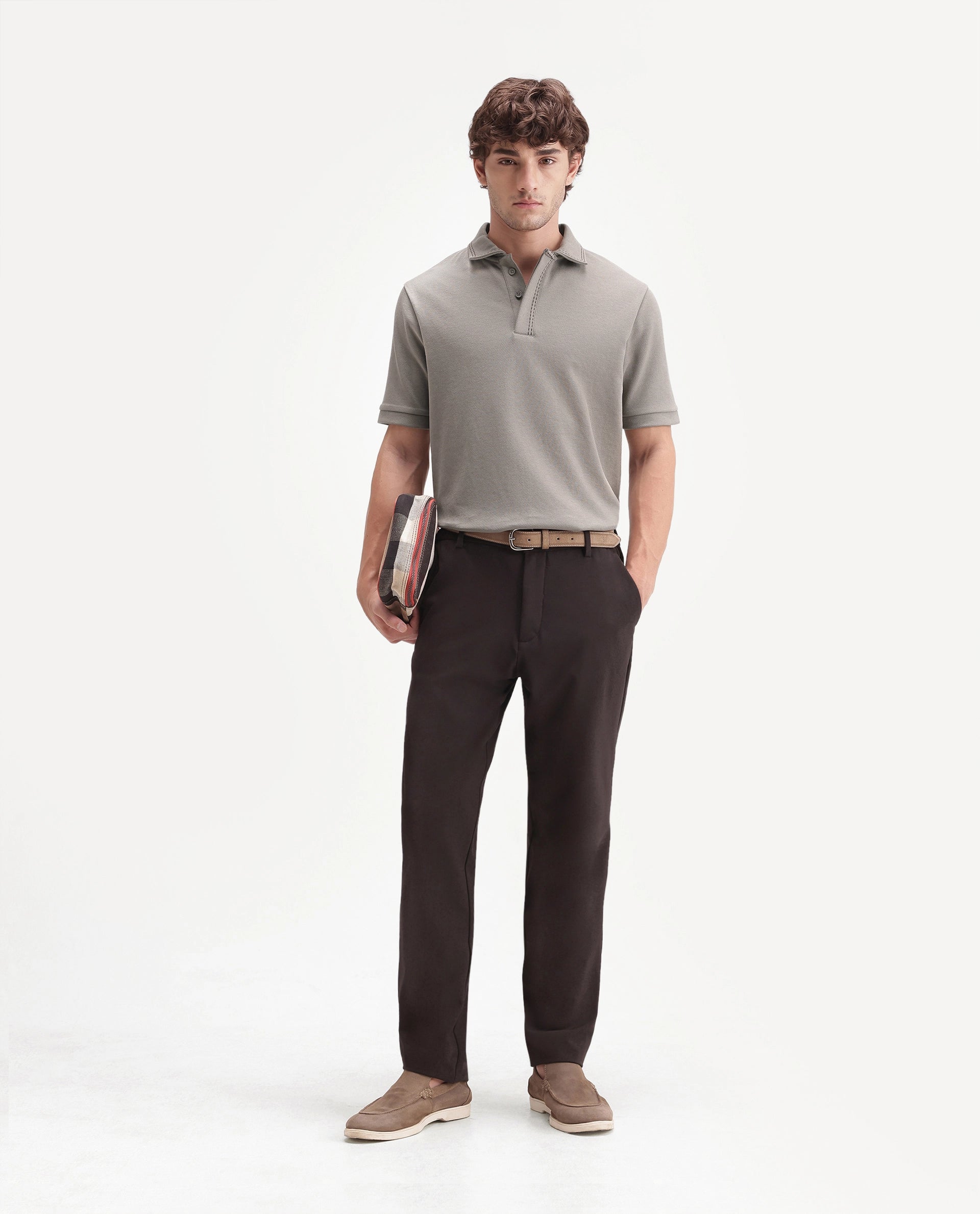 Rare Rabbit Men's Skowl-A26 Dark Olive Cotton Blend Spread Collar Regular Jacquard Polo