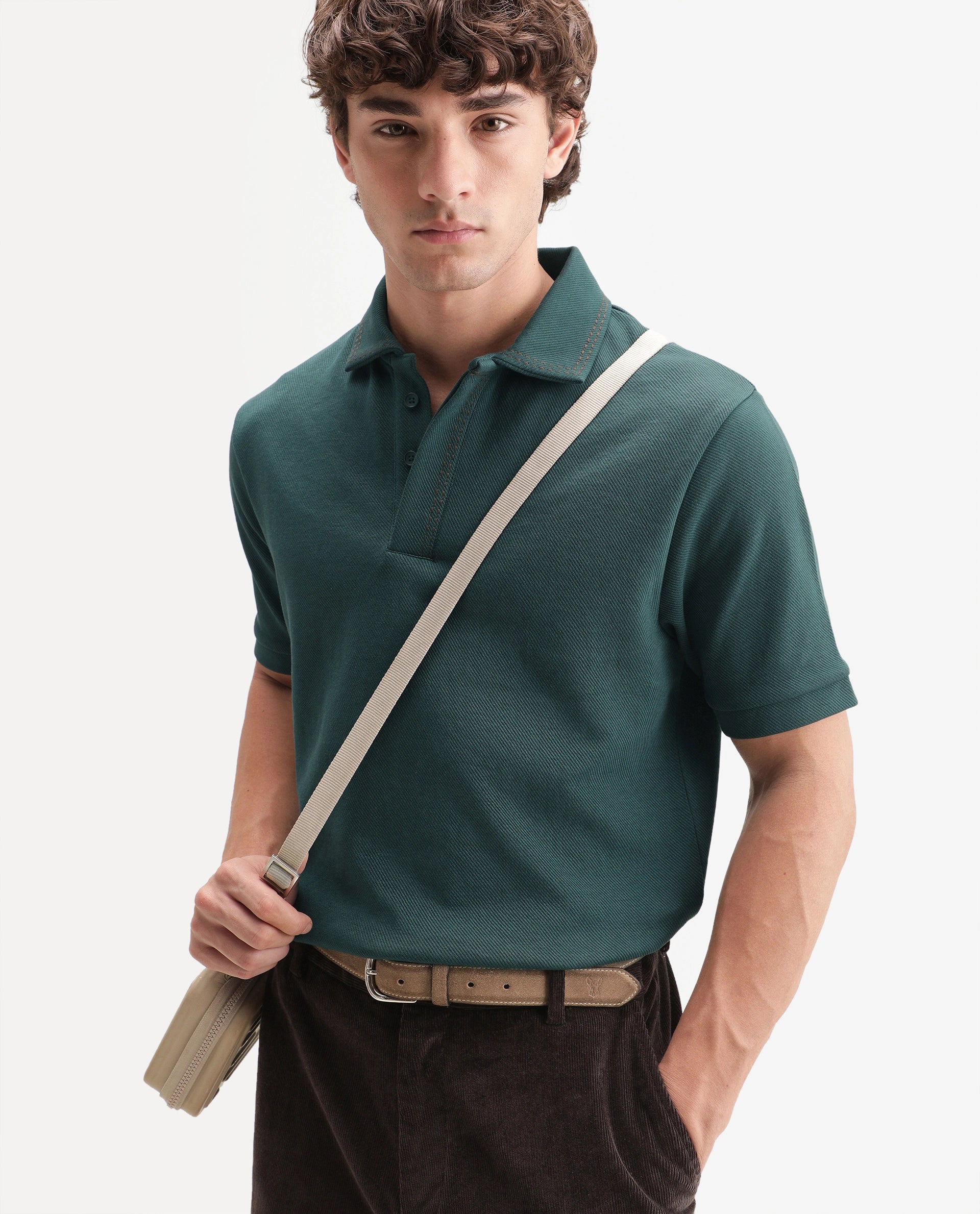 Rare Rabbit Men's Skowl-A26 Dark Green Cotton Blend Spread Collar Regular Jacquard Polo