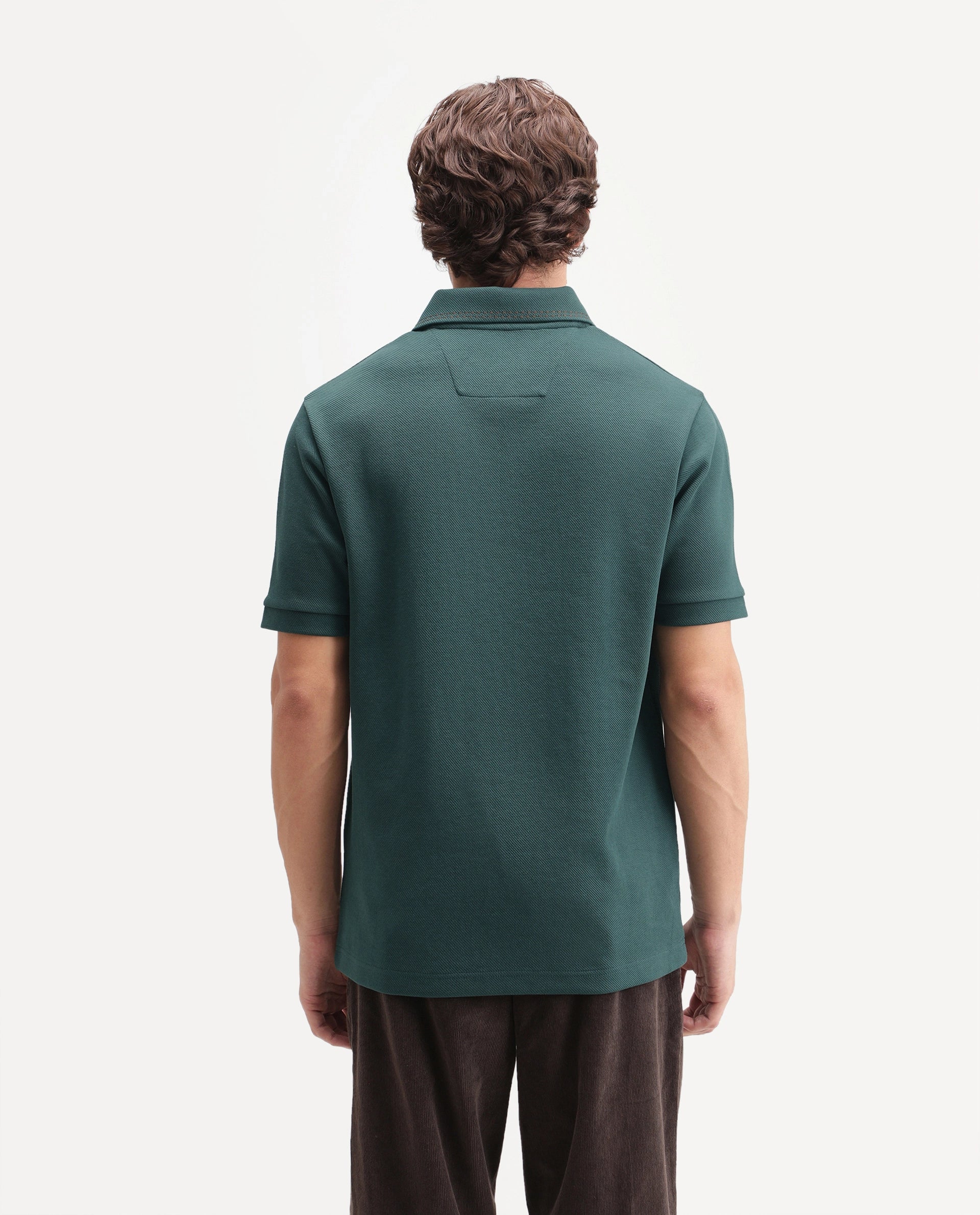 Rare Rabbit Men's Skowl-A26 Dark Green Cotton Blend Spread Collar Regular Jacquard Polo