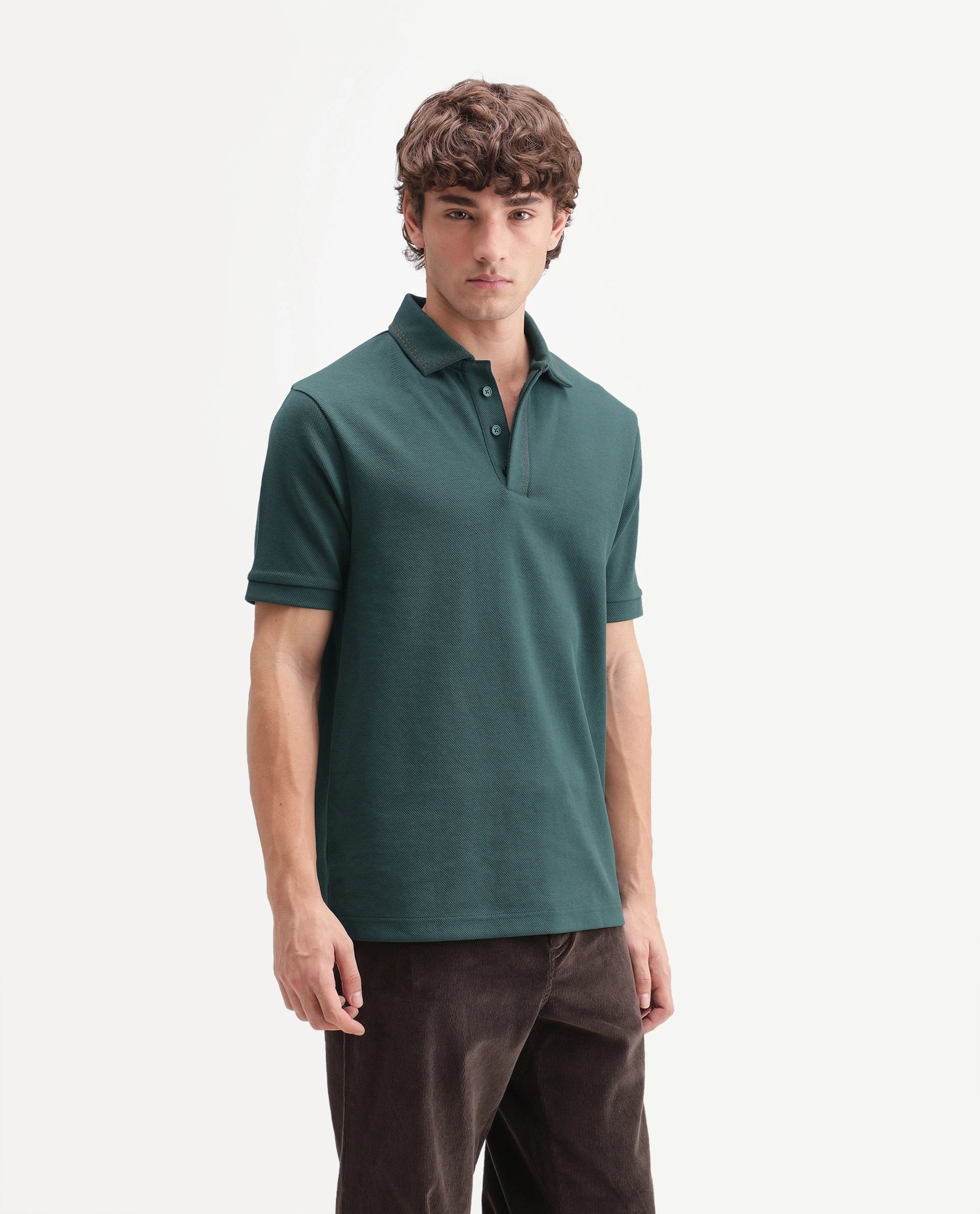 Rare Rabbit Men's Skowl-A26 Dark Green Cotton Blend Spread Collar Regular Jacquard Polo