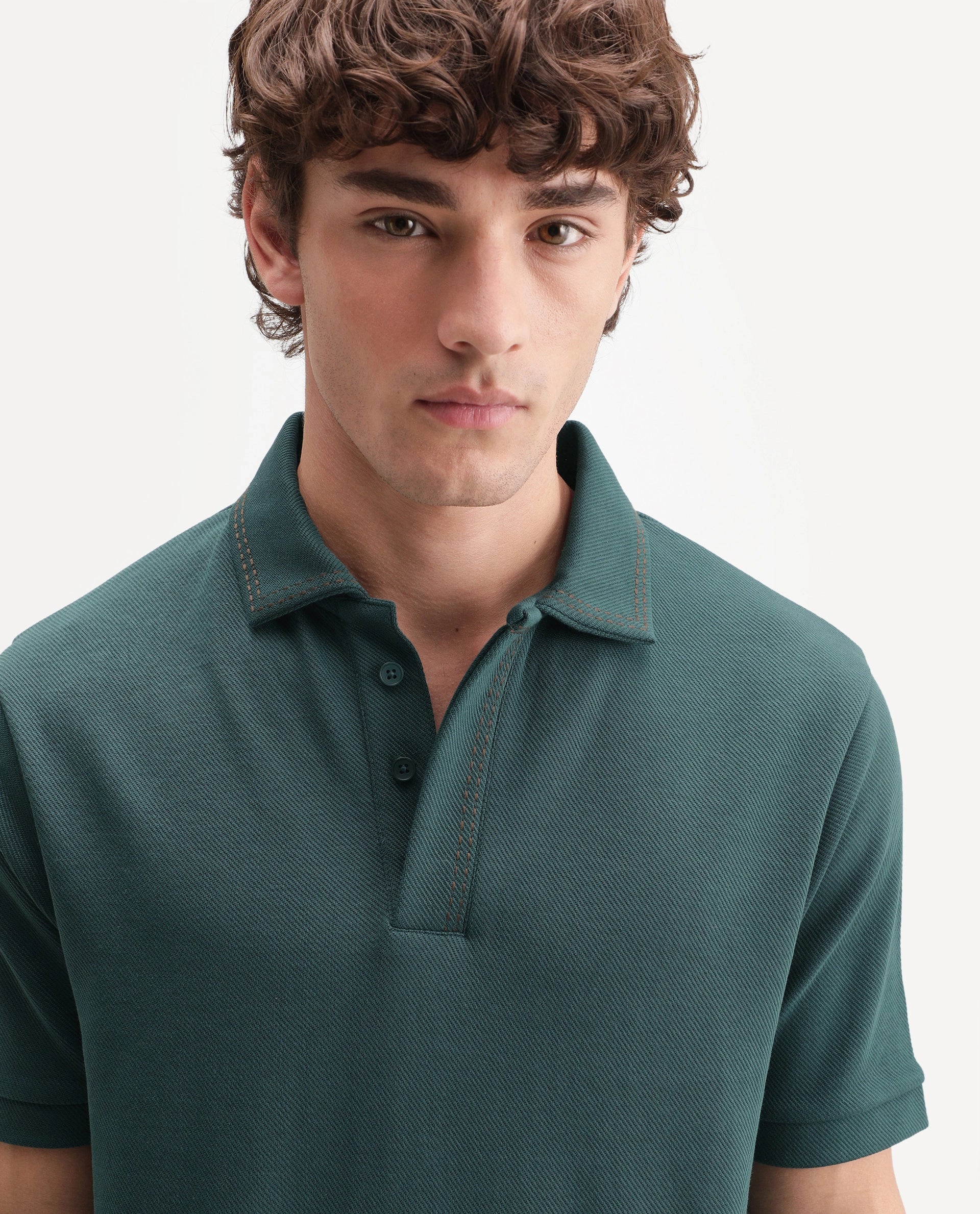 Rare Rabbit Men's Skowl-A26 Dark Green Cotton Blend Spread Collar Regular Jacquard Polo
