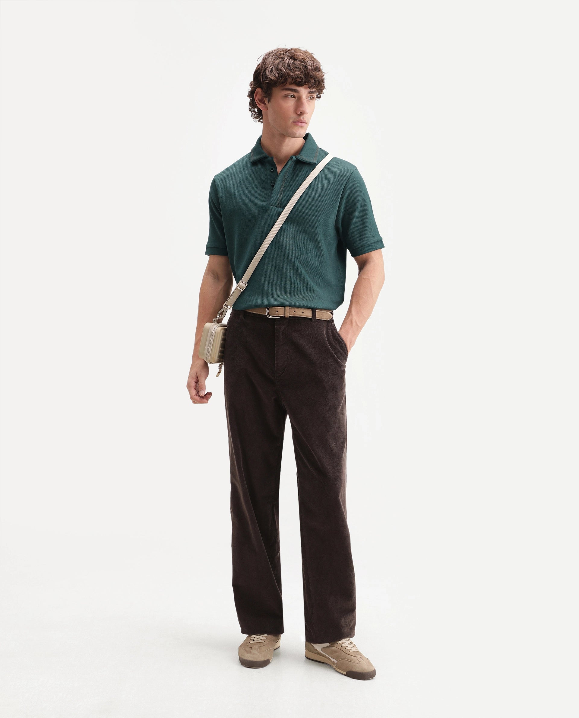 Rare Rabbit Men's Skowl-A26 Dark Green Cotton Blend Spread Collar Regular Jacquard Polo