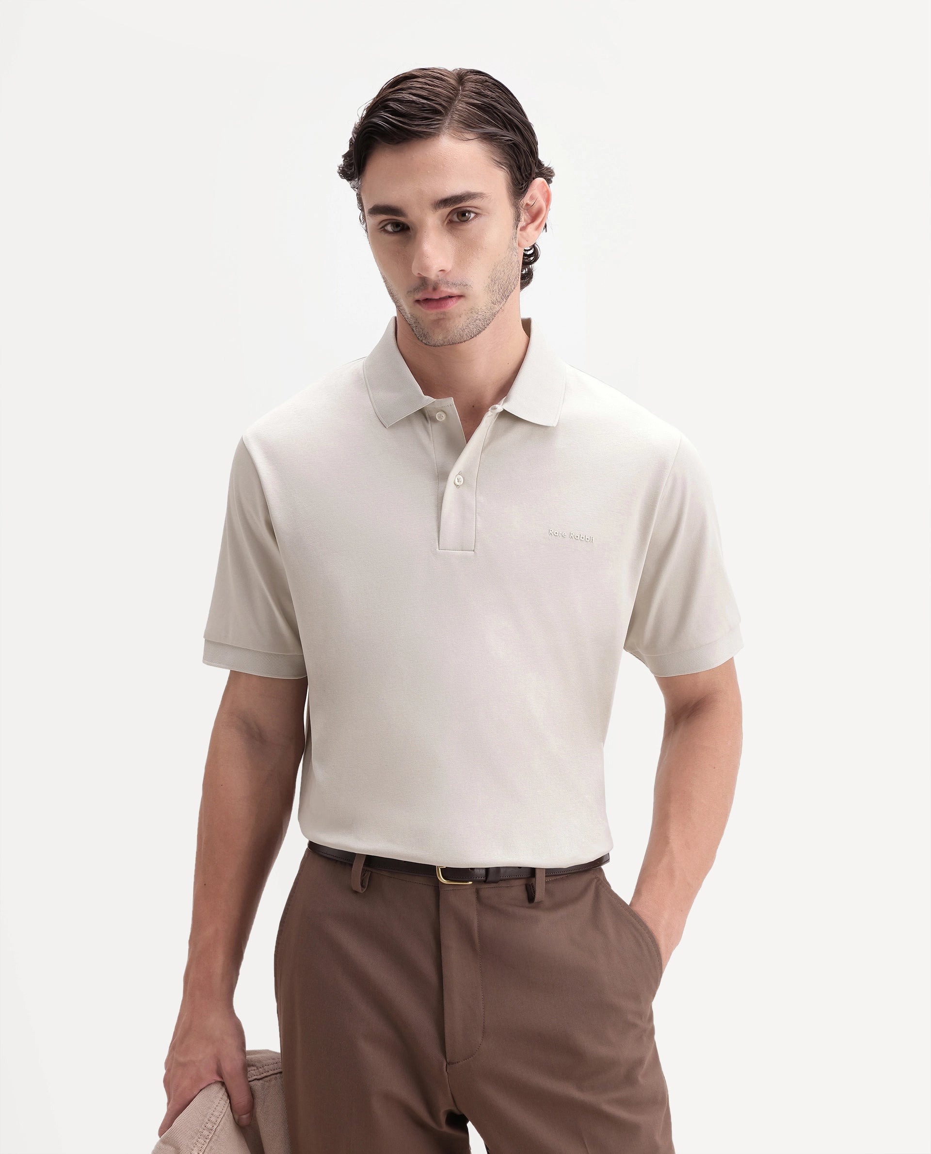 Rare Rabbit Men's Row-A26 Light Beige Cotton Spread Collar Regular Plain Polo