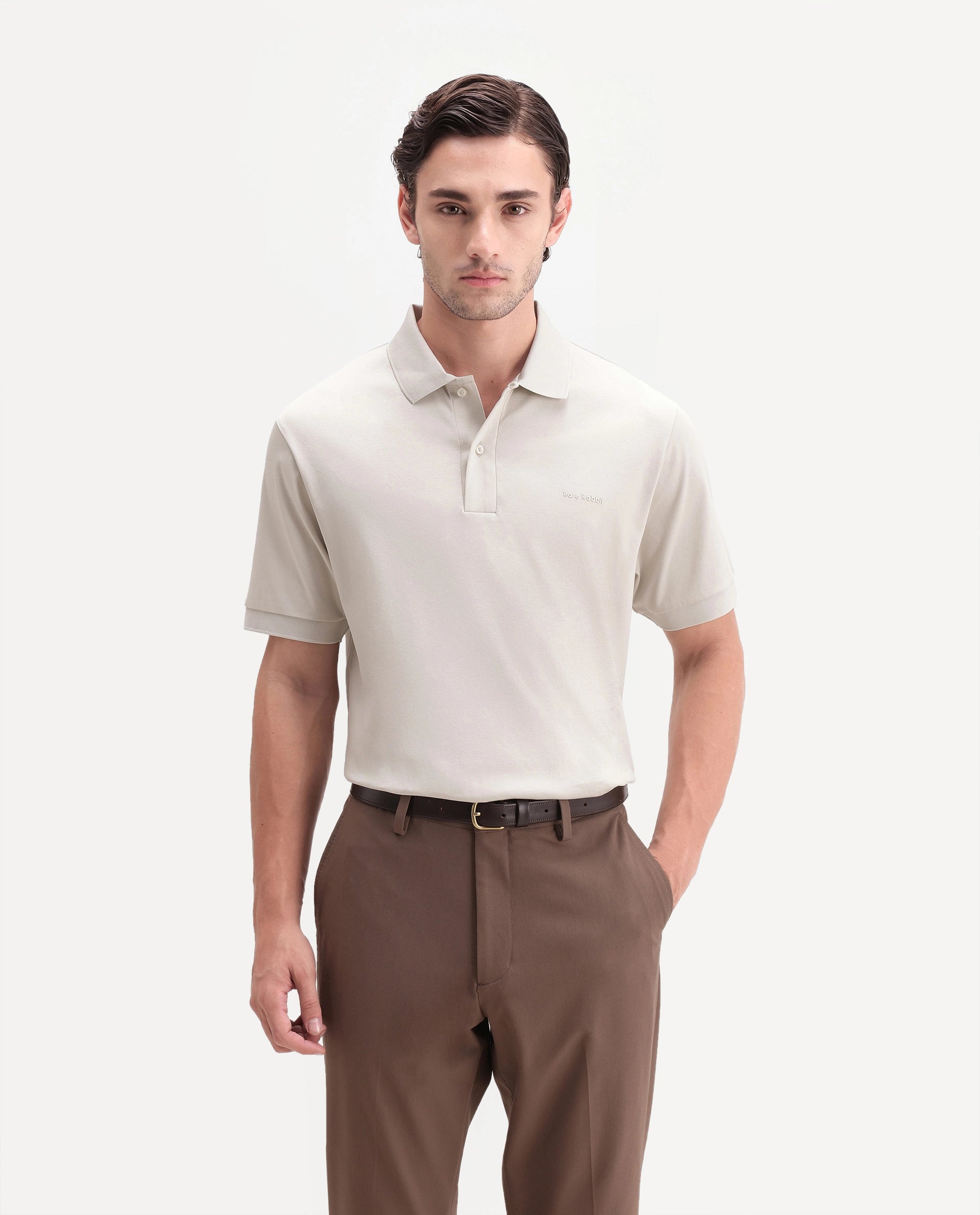 Rare Rabbit Men's Row-A26 Light Beige Cotton Spread Collar Regular Plain Polo
