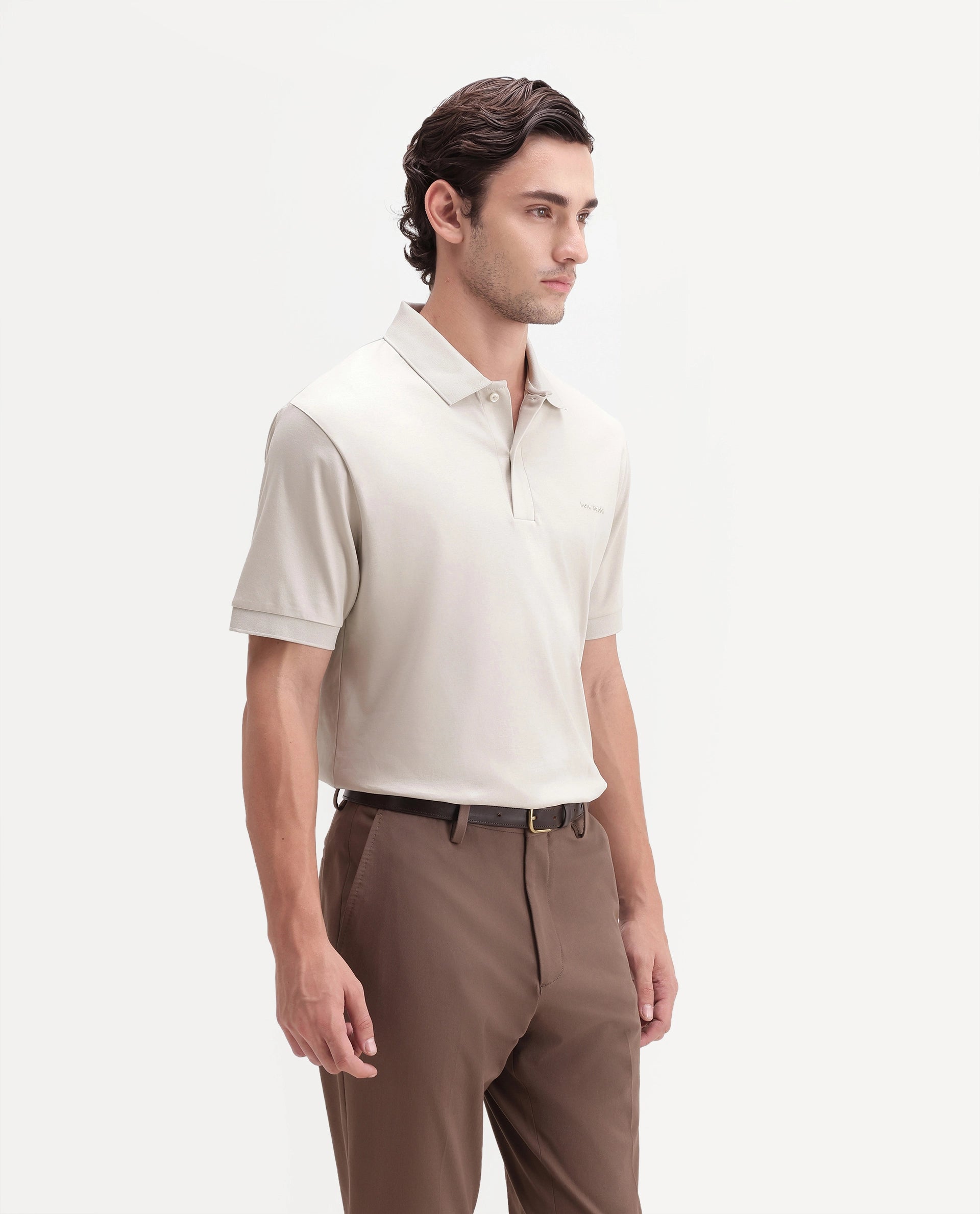 Rare Rabbit Men's Row-A26 Light Beige Cotton Spread Collar Regular Plain Polo