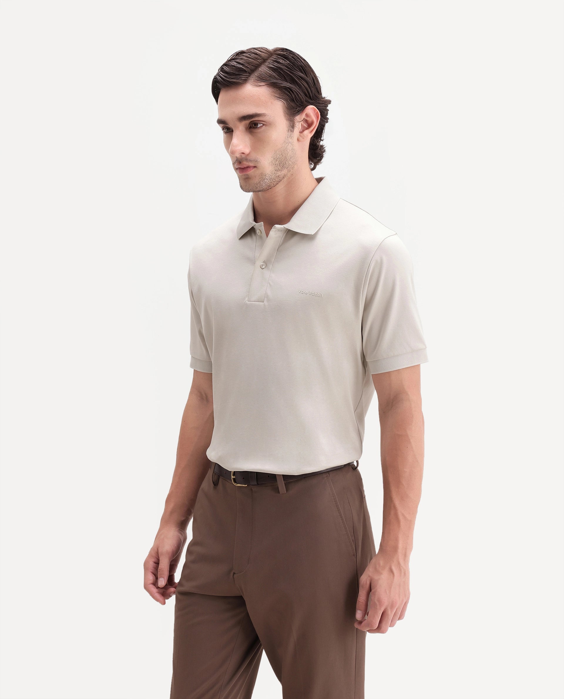 Rare Rabbit Men's Row-A26 Light Beige Cotton Spread Collar Regular Plain Polo