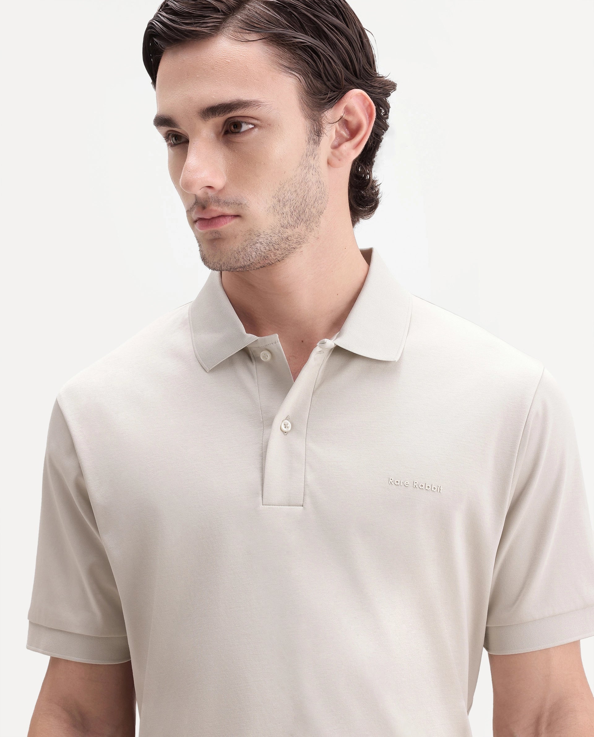 Rare Rabbit Men's Row-A26 Light Beige Cotton Spread Collar Regular Plain Polo