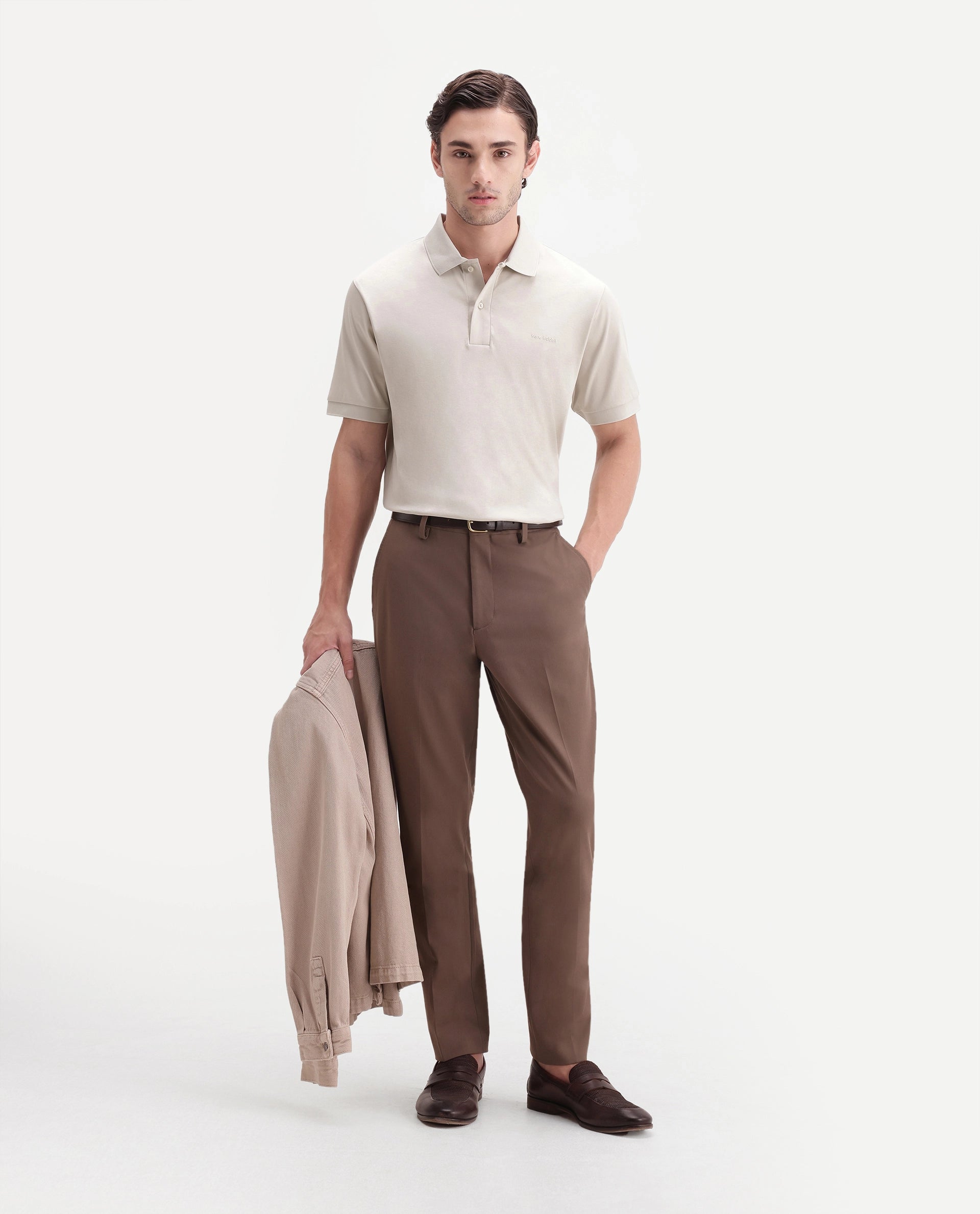 Rare Rabbit Men's Row-A26 Light Beige Cotton Spread Collar Regular Plain Polo