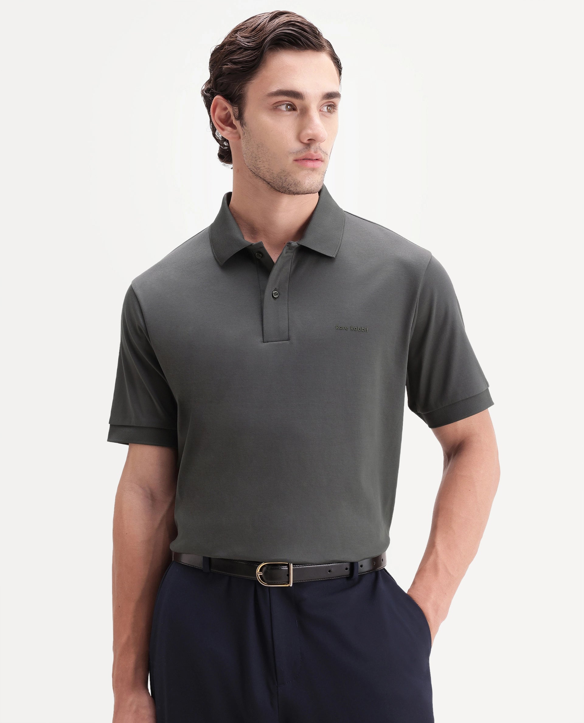 Rare Rabbit Men's Row-A26 Dusky Olive Cotton Spread Collar Regular Plain Polo