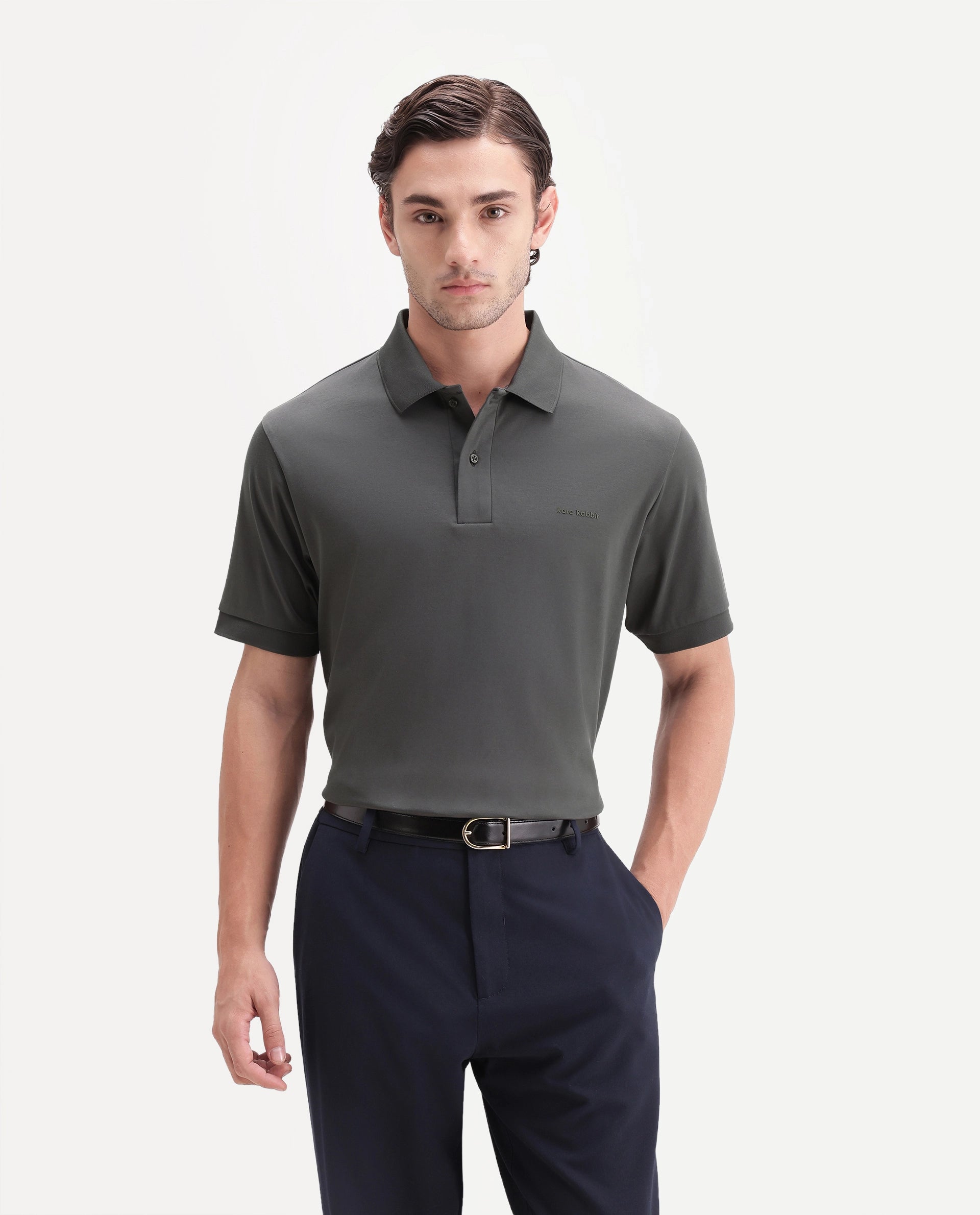Rare Rabbit Men's Row-A26 Dusky Olive Cotton Spread Collar Regular Plain Polo