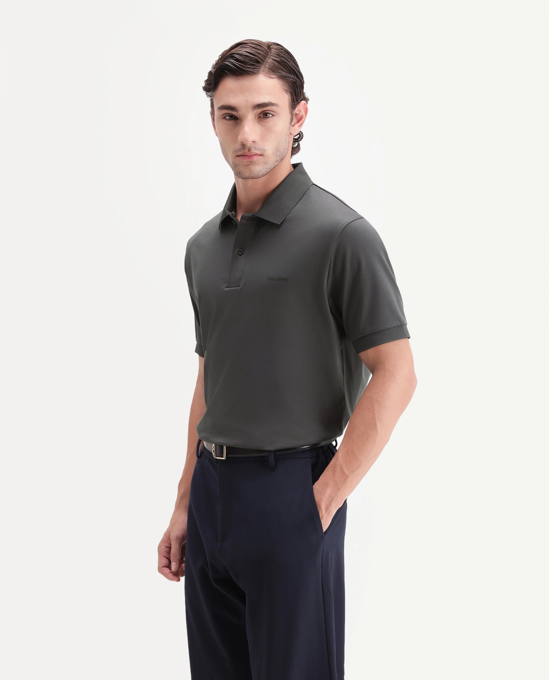 Rare Rabbit Men's Row-A26 Dusky Olive Cotton Spread Collar Regular Plain Polo