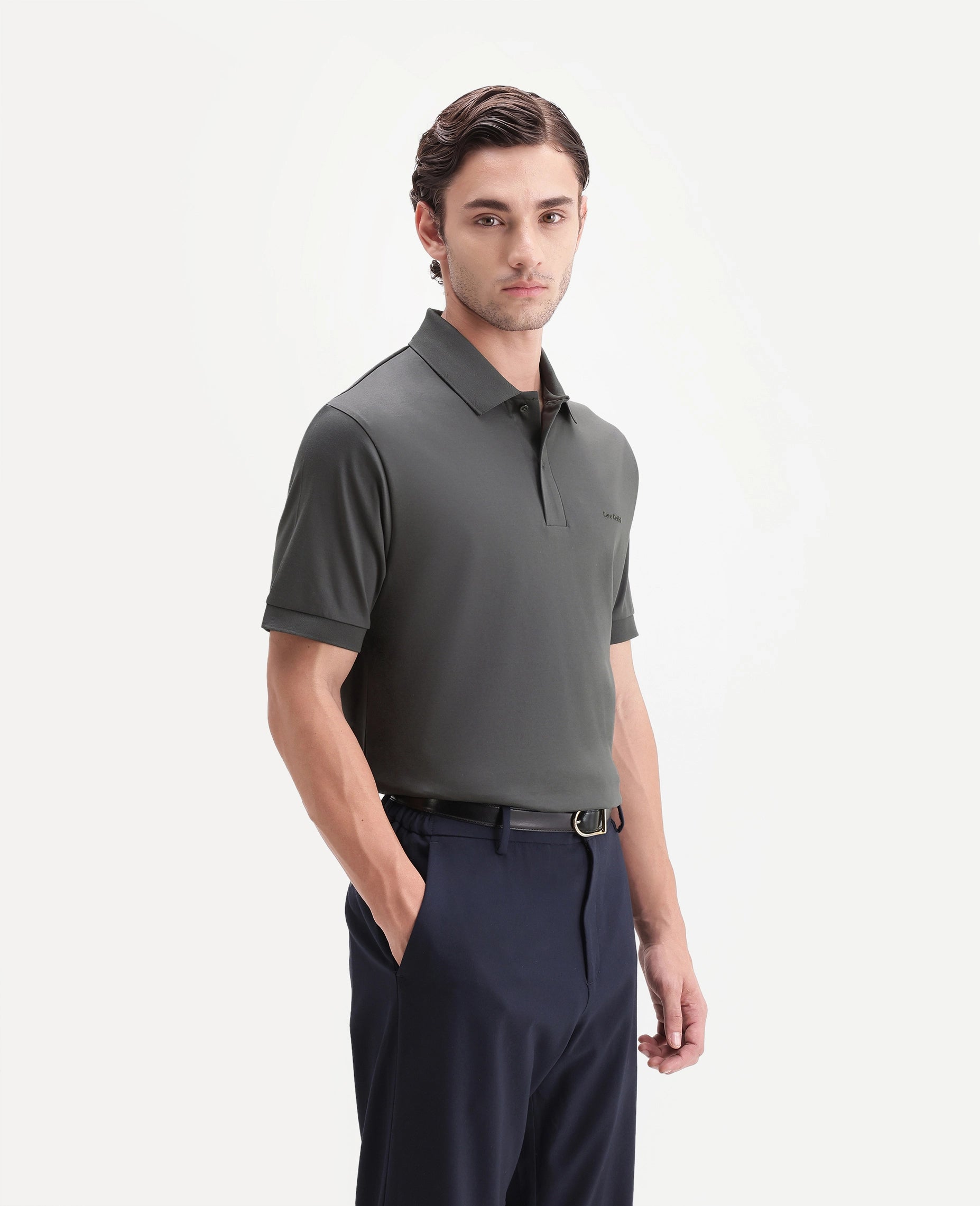 Rare Rabbit Men's Row-A26 Dusky Olive Cotton Spread Collar Regular Plain Polo