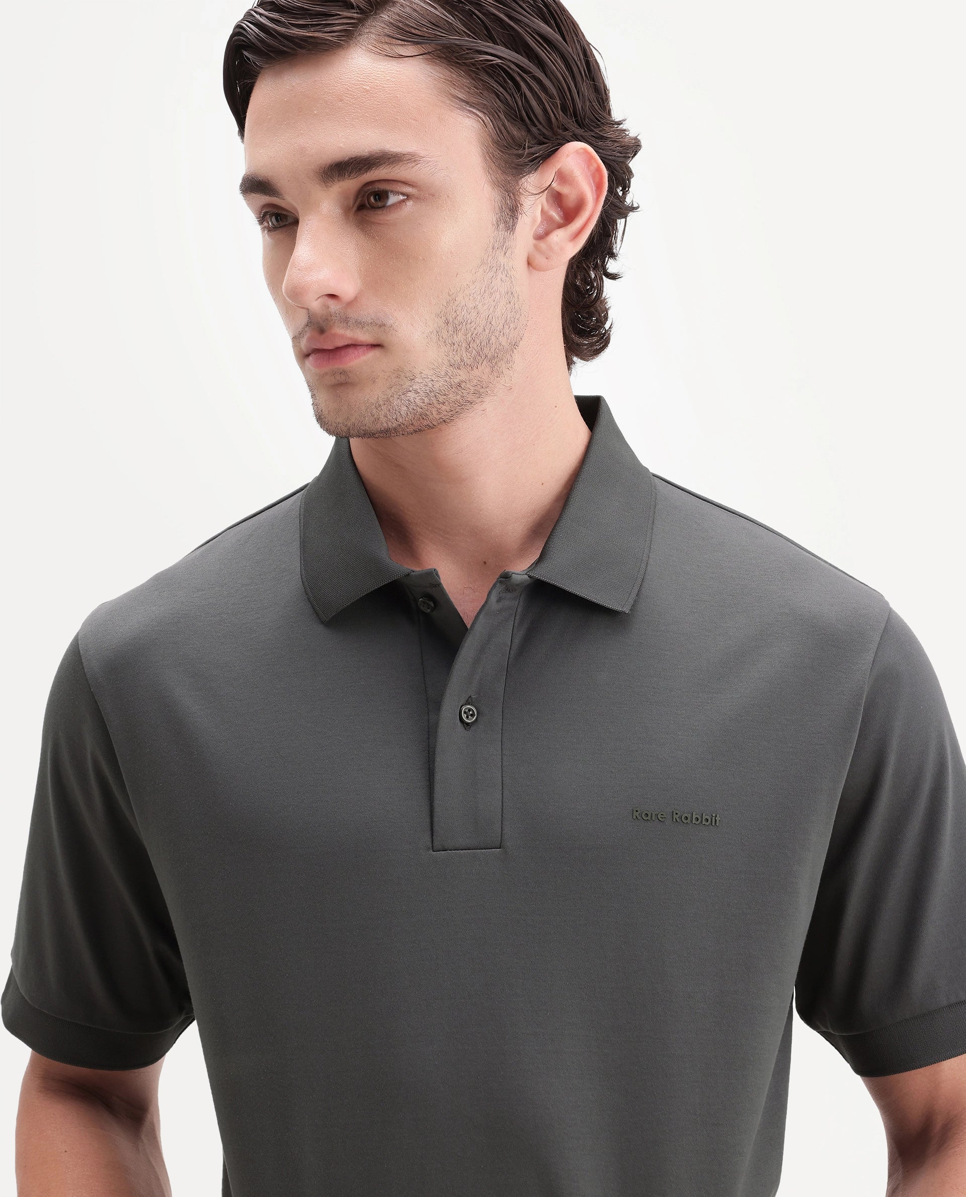 Rare Rabbit Men's Row-A26 Dusky Olive Cotton Spread Collar Regular Plain Polo
