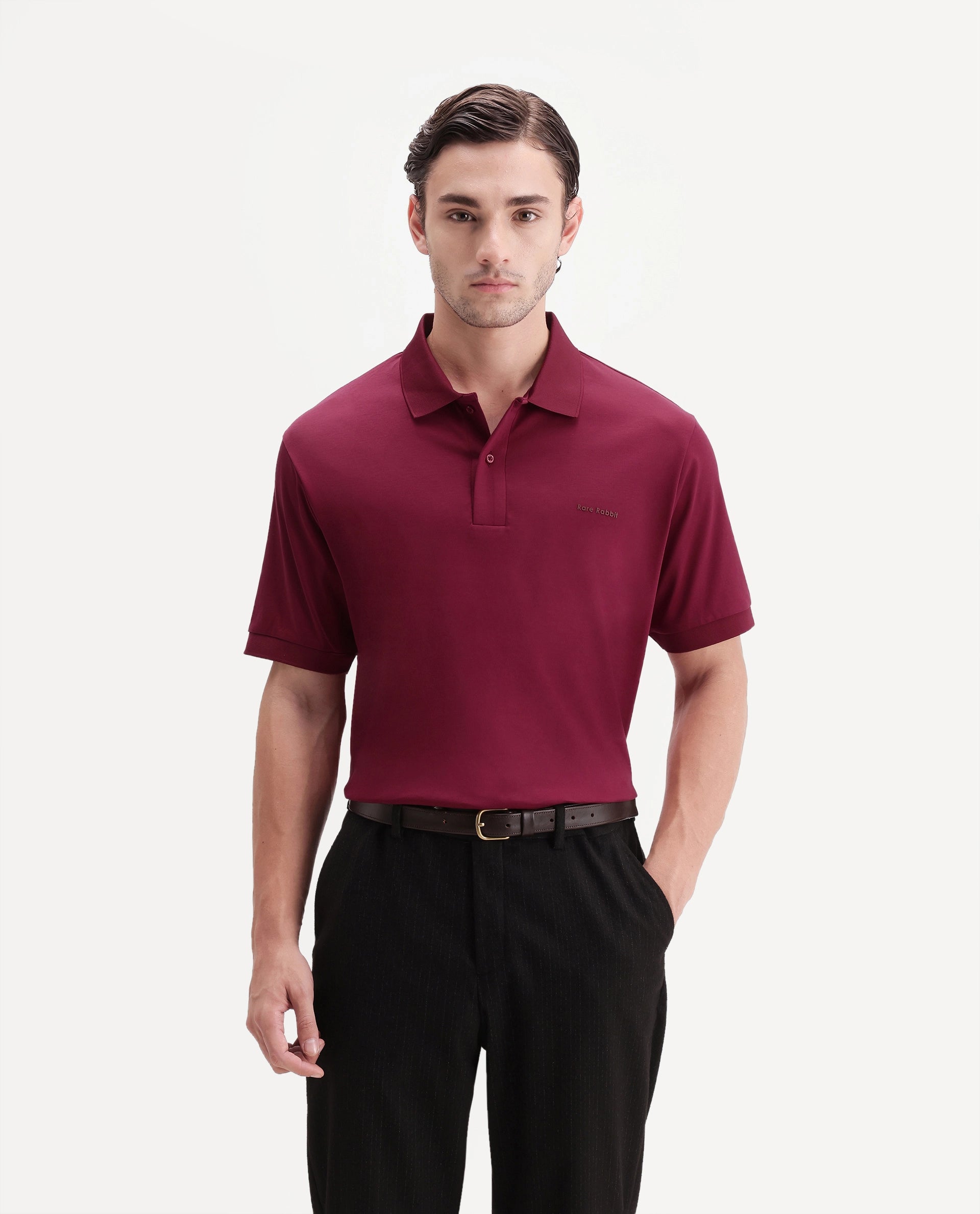 Rare Rabbit Men's Row-A26 Red Cotton Spread Collar Regular Plain Polo