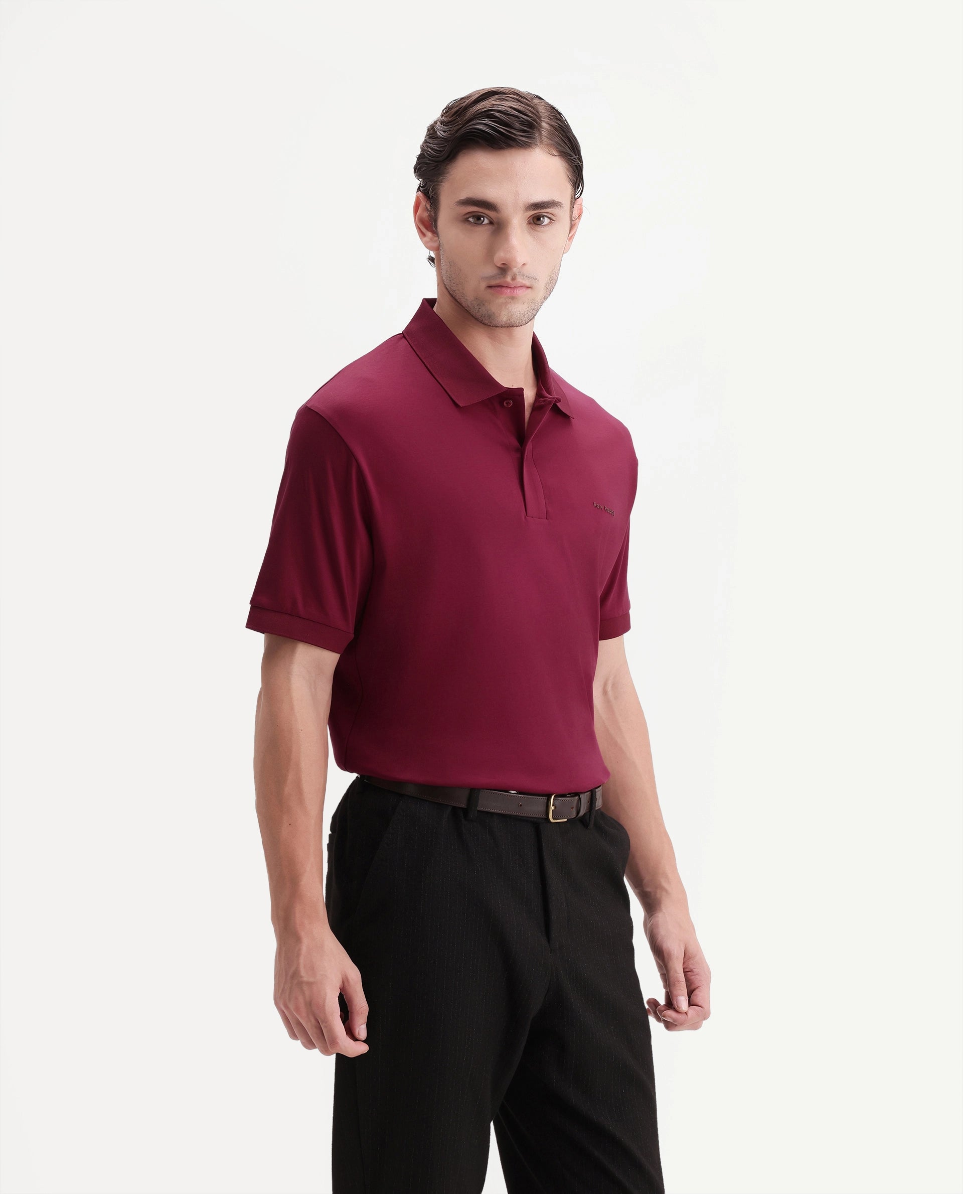 Rare Rabbit Men's Row-A26 Red Cotton Spread Collar Regular Plain Polo