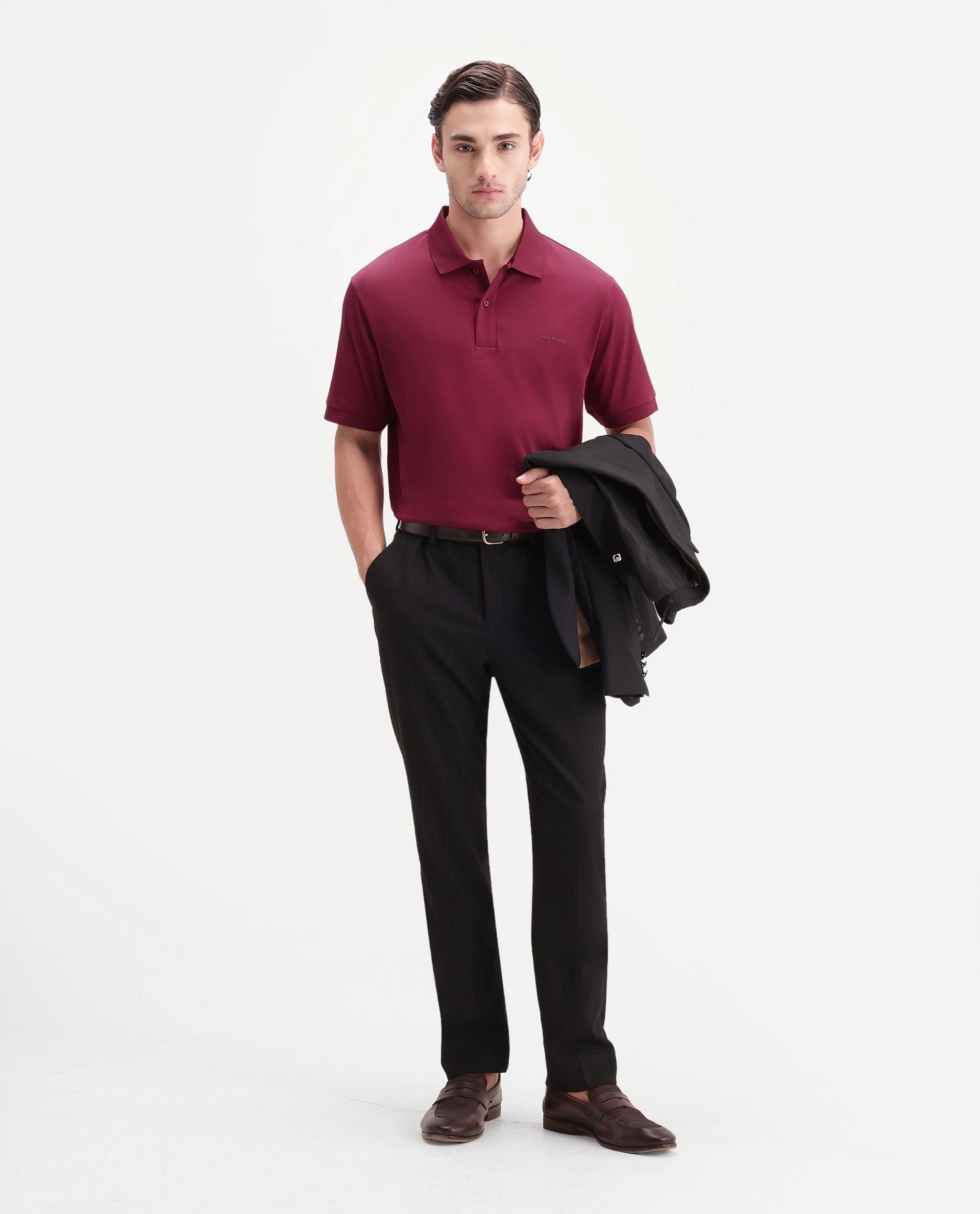Rare Rabbit Men's Row-A26 Red Cotton Spread Collar Regular Plain Polo