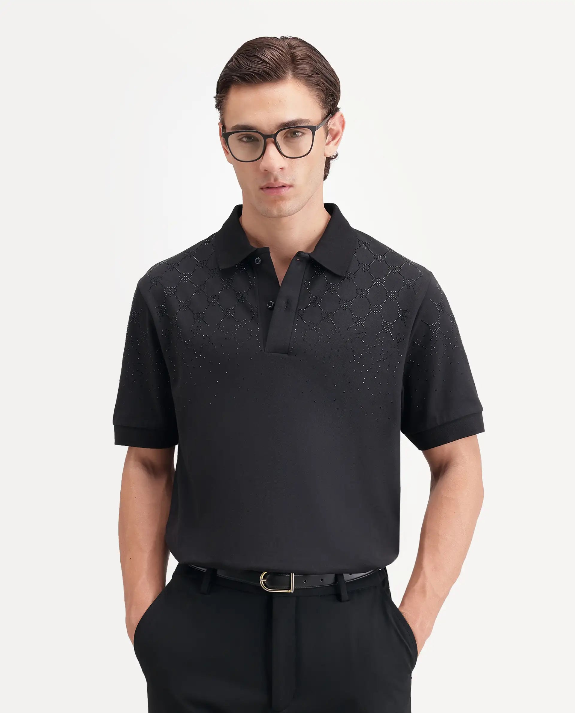 Rare Rabbit Men's Jen Black Cotton Blend Spread Collar Regular Monogram Polo