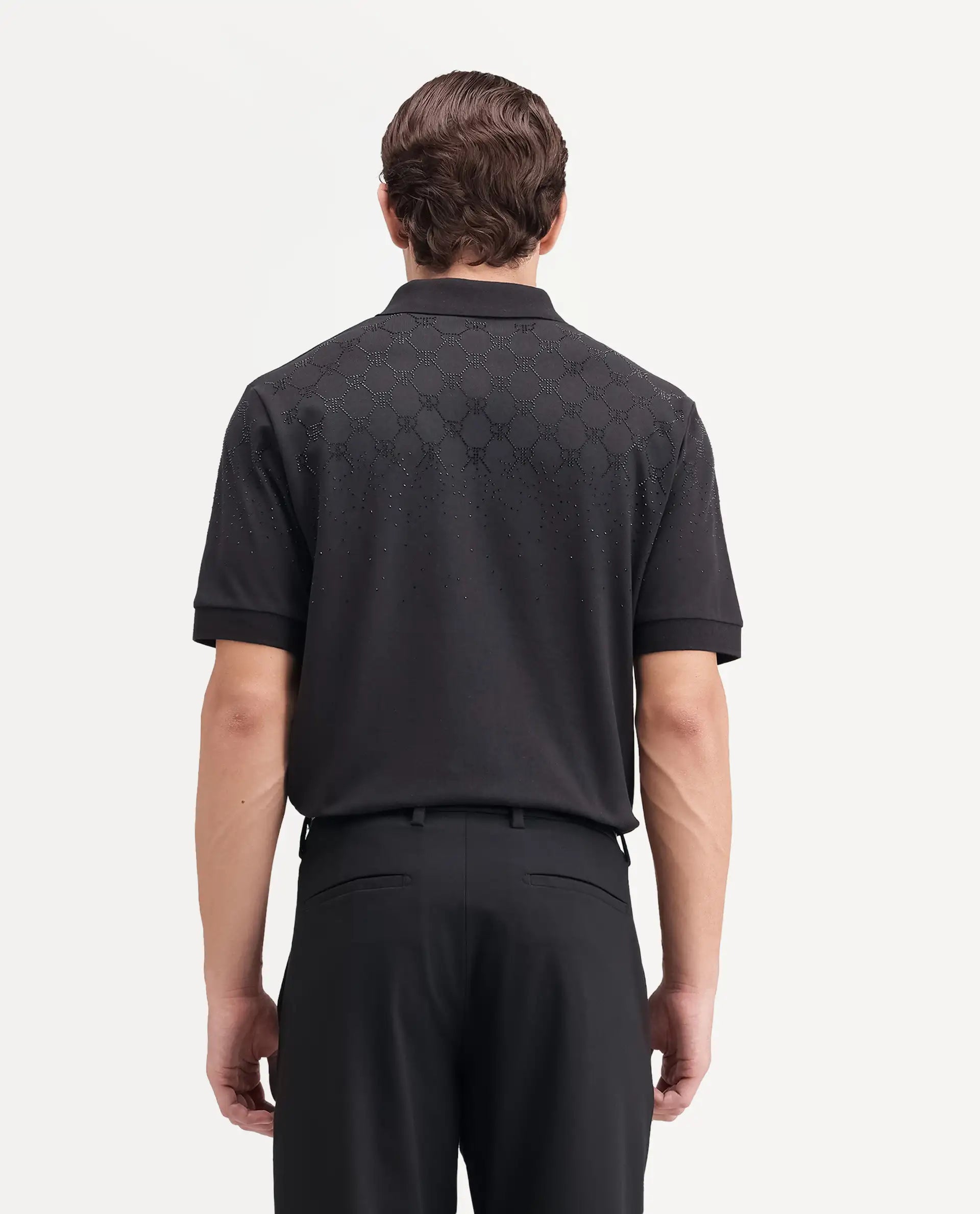 Rare Rabbit Men's Jen Black Cotton Blend Spread Collar Regular Monogram Polo