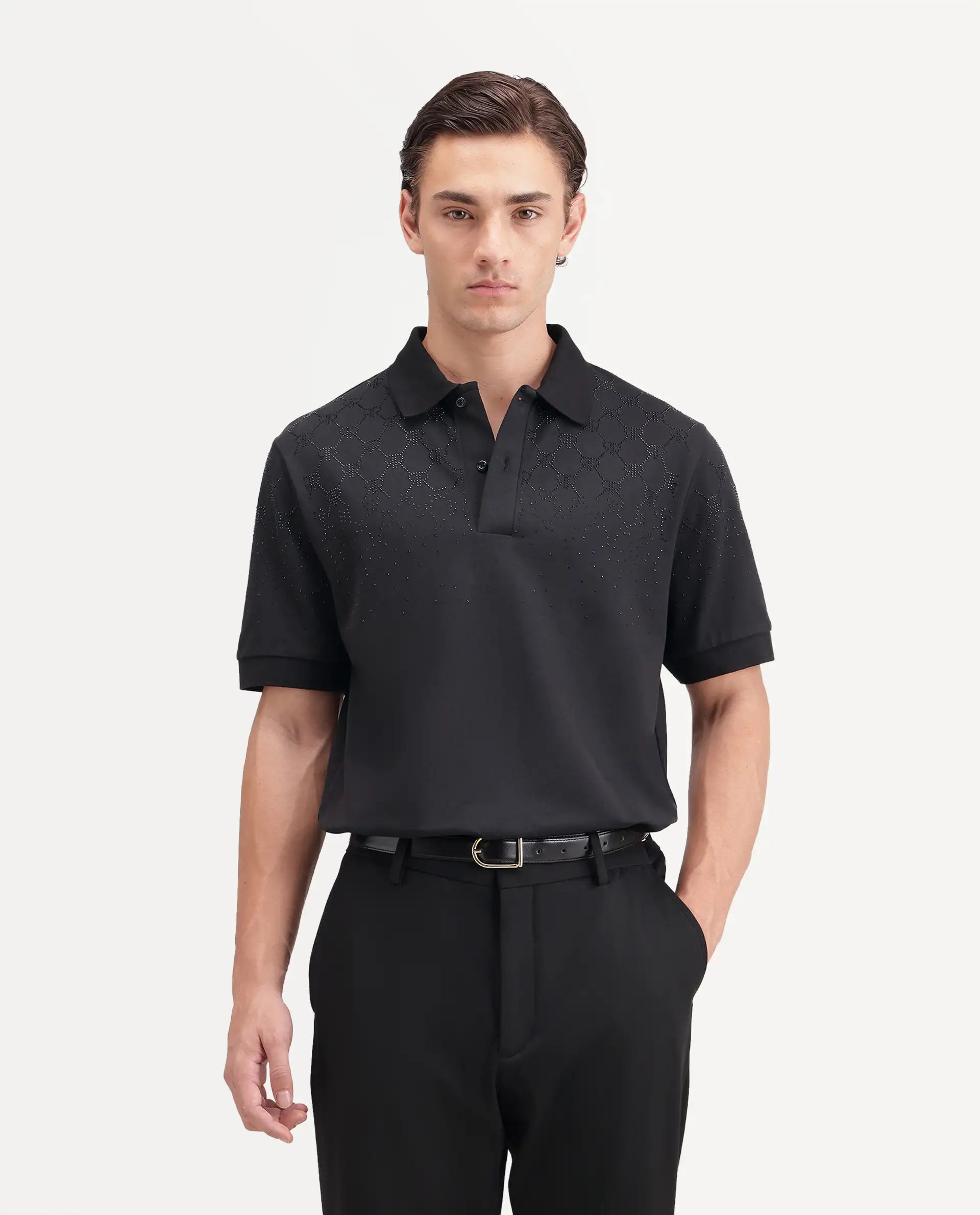 Rare Rabbit Men's Jen Black Cotton Blend Spread Collar Regular Monogram Polo